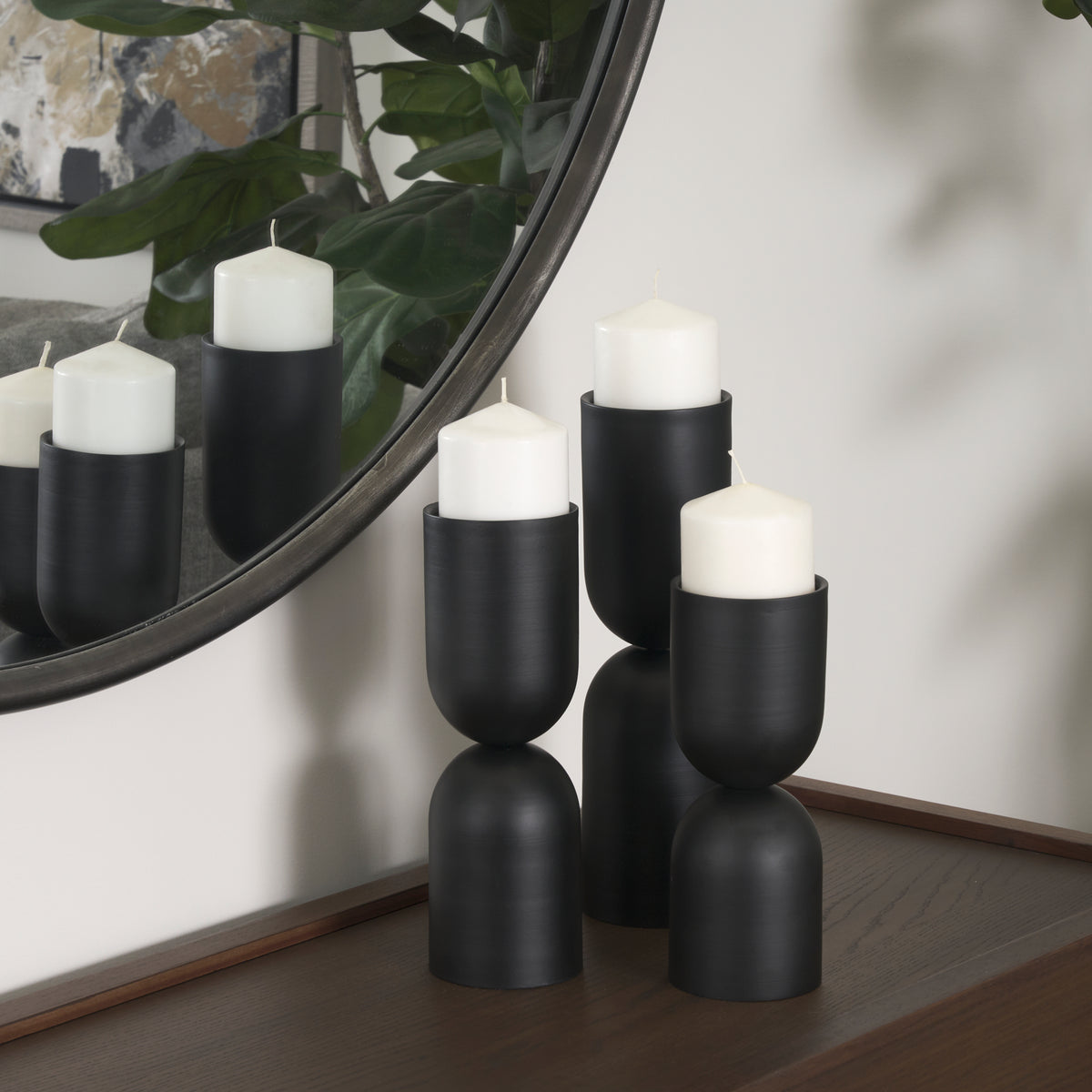 Qamra Medium Black Metal Pillar Candle Holder-Table Candle Holders-DECOROLALA