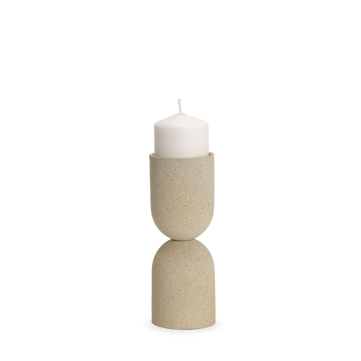 Qamra Short Beige Textured Metal Pillar Candle Holder-Table Candle Holders-DECOROLALA