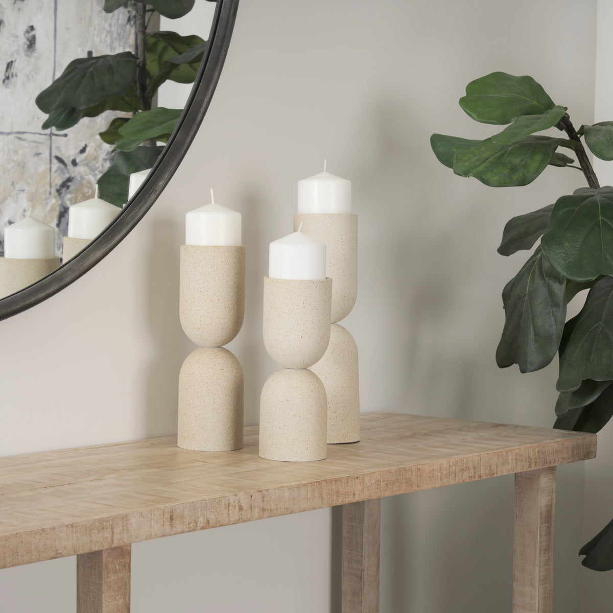 Qamra Short Beige Textured Metal Pillar Candle Holder-Table Candle Holders-DECOROLALA