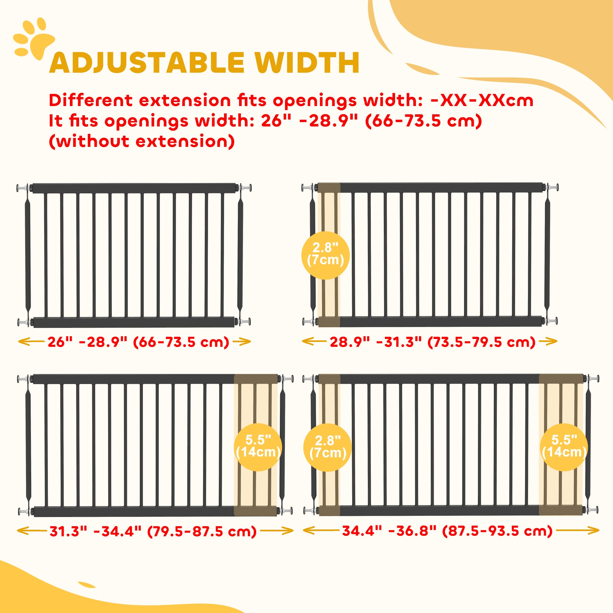 26"-37" Dog Gate, Adjustable Pet Gate, Fits 18" Tall with 2 Extension, Pressure Mount Kit for Stairs and Doorways, Black