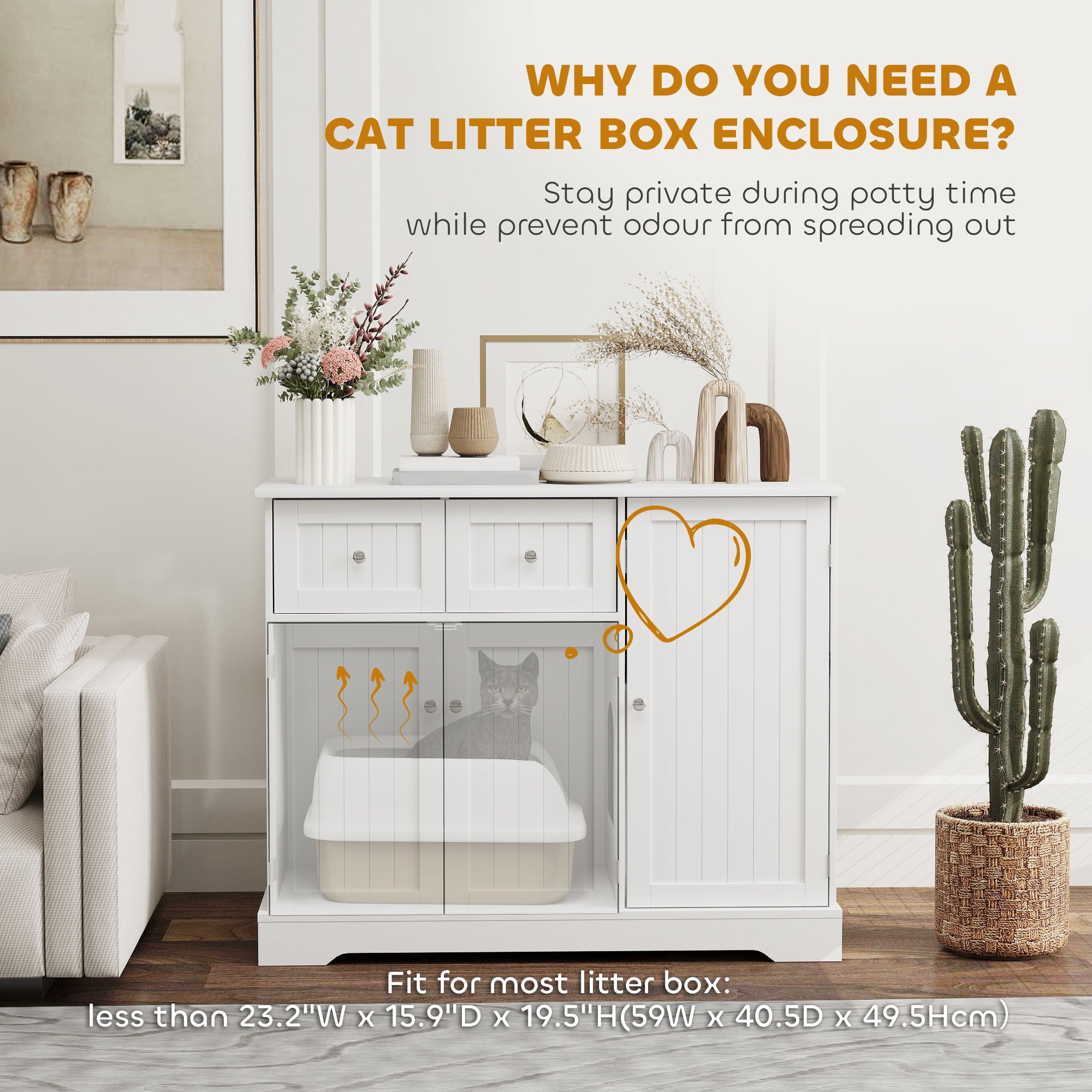 Cat Litter Box Enclosure with Drawer, Storage, Anti-tip Kit, for Living Room, Bedroom, White