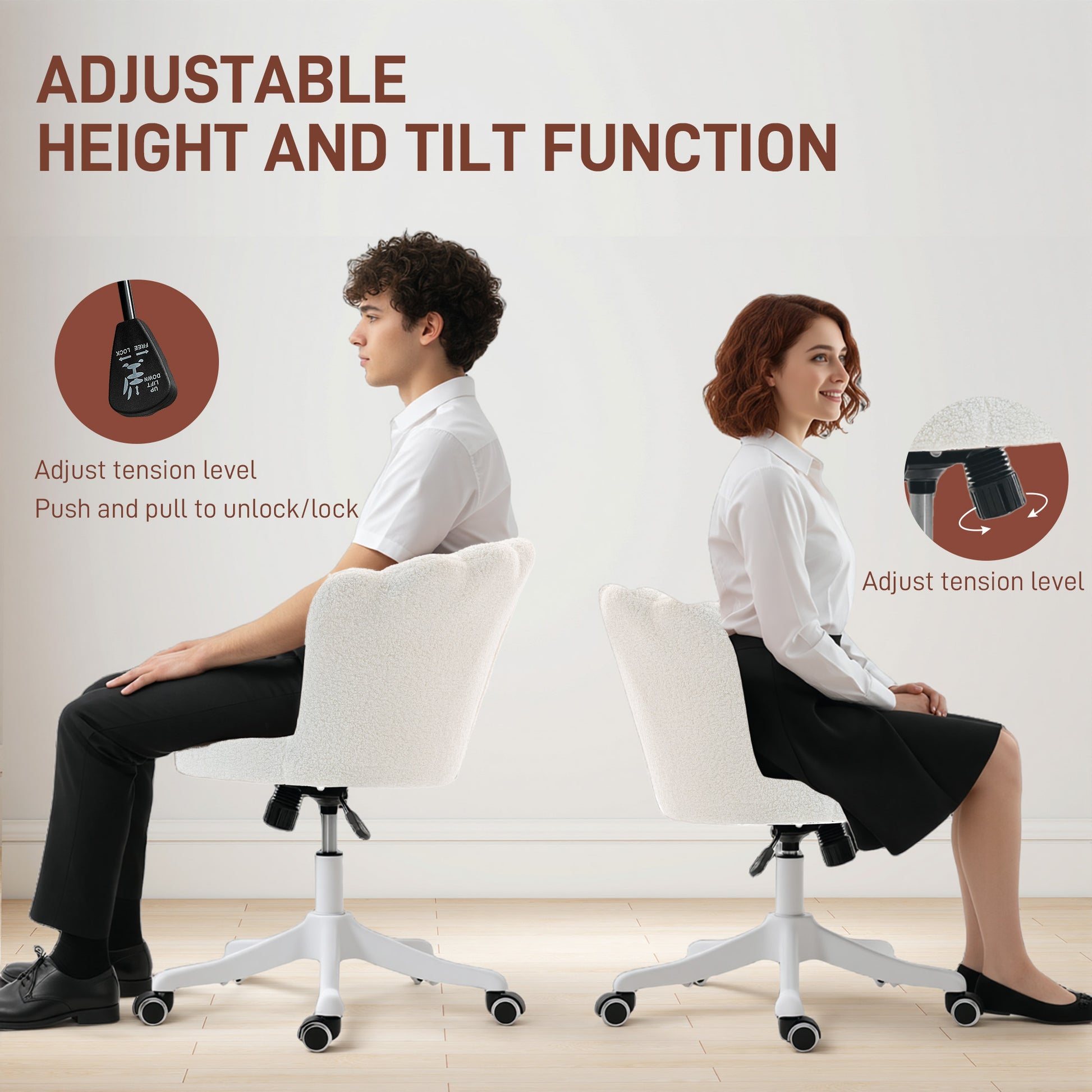 Office Chair, Armless Swivel Desk Chair with Adjustable Height, Backrest, Tilt Function for Office, Vanity, Cream White-Office Products > Office Furniture > Office Chairs > Task Chairs-DECOROLALA