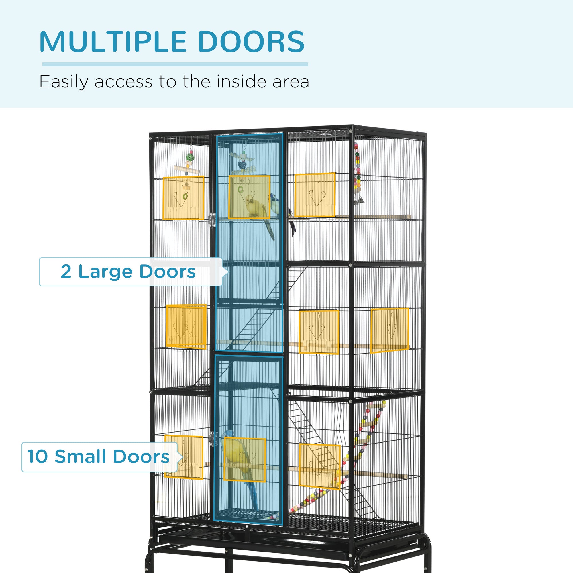 71" Bird Cage with Wheels Perches, Ramp, Storage Shelf, Toys for Canaries, Finches, Cockatiels, Parakeets, Black
