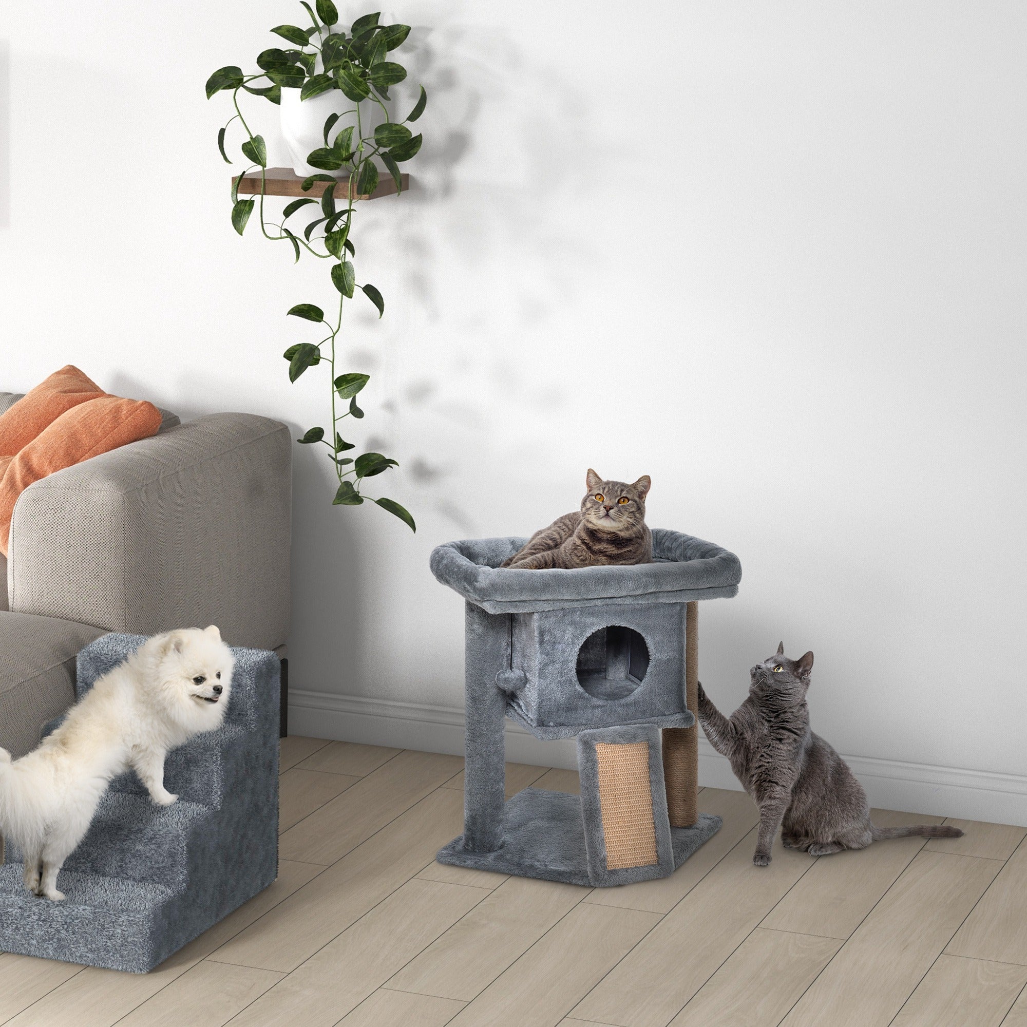 Cat Tree, Small Cat Tower with Perch, Scratching Post, Cat Condo, Toy Ball for Kitty, Indoor Use, Grey
