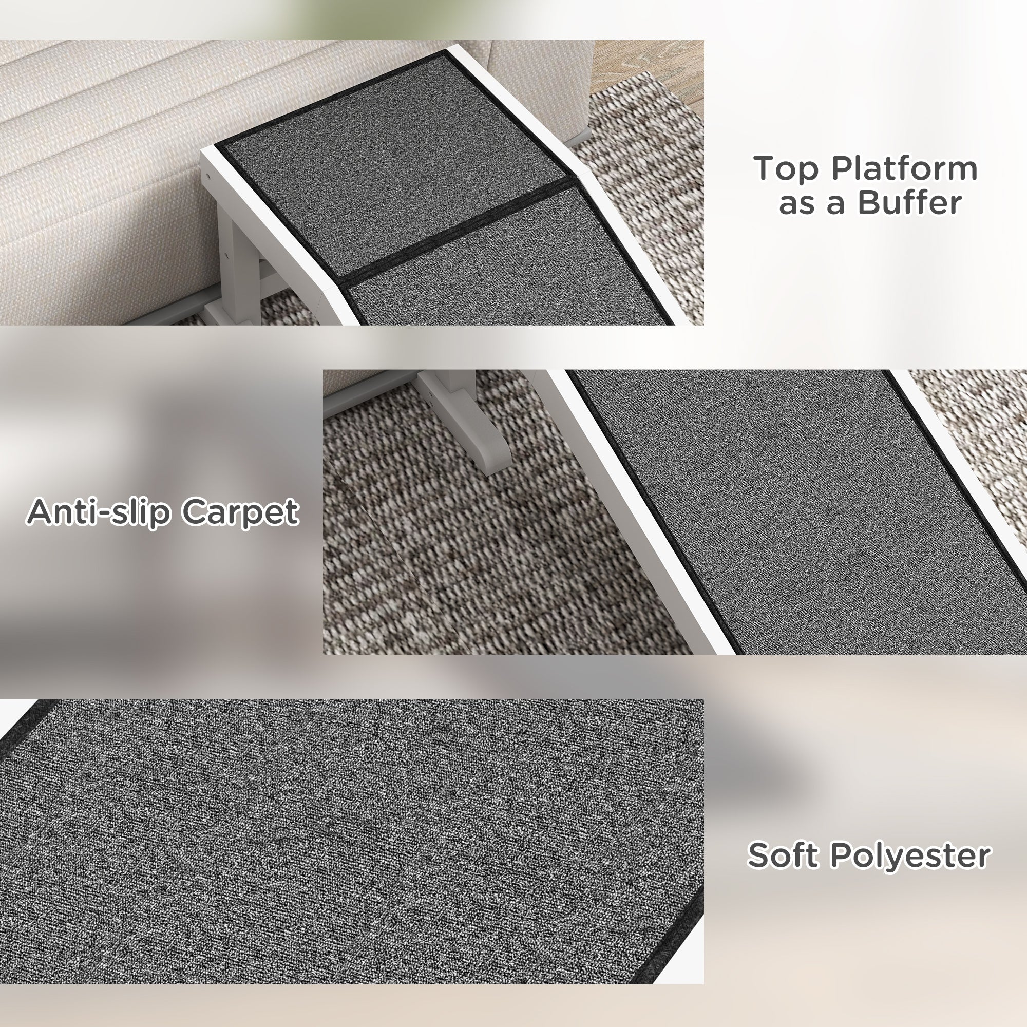 Rampe pour animaux, marches de lit pour chiens et chats avec moquette antidérapante, 49"L x 16"W x 14"H, blanc gris