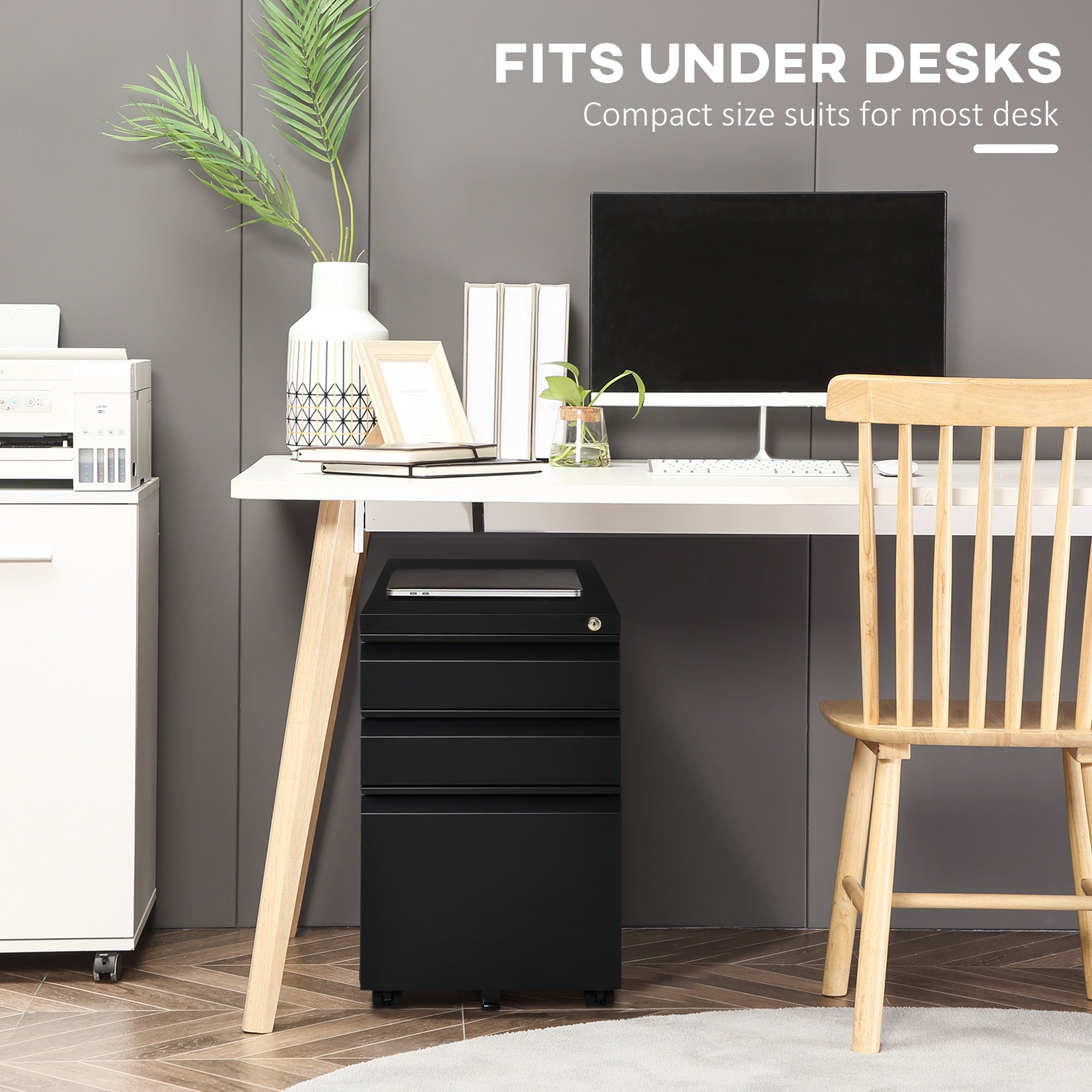 3-Drawer Lockable Steel Filing Cabinet on Wheels - Black