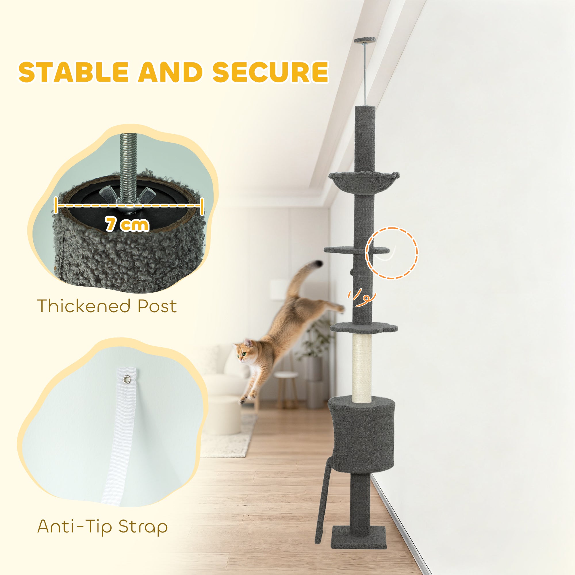 87"-94.5" Floor to Ceiling Cat Tree with Sisal Scratching Post, Condo, Hammock, Ramp, Perches, Dark Grey