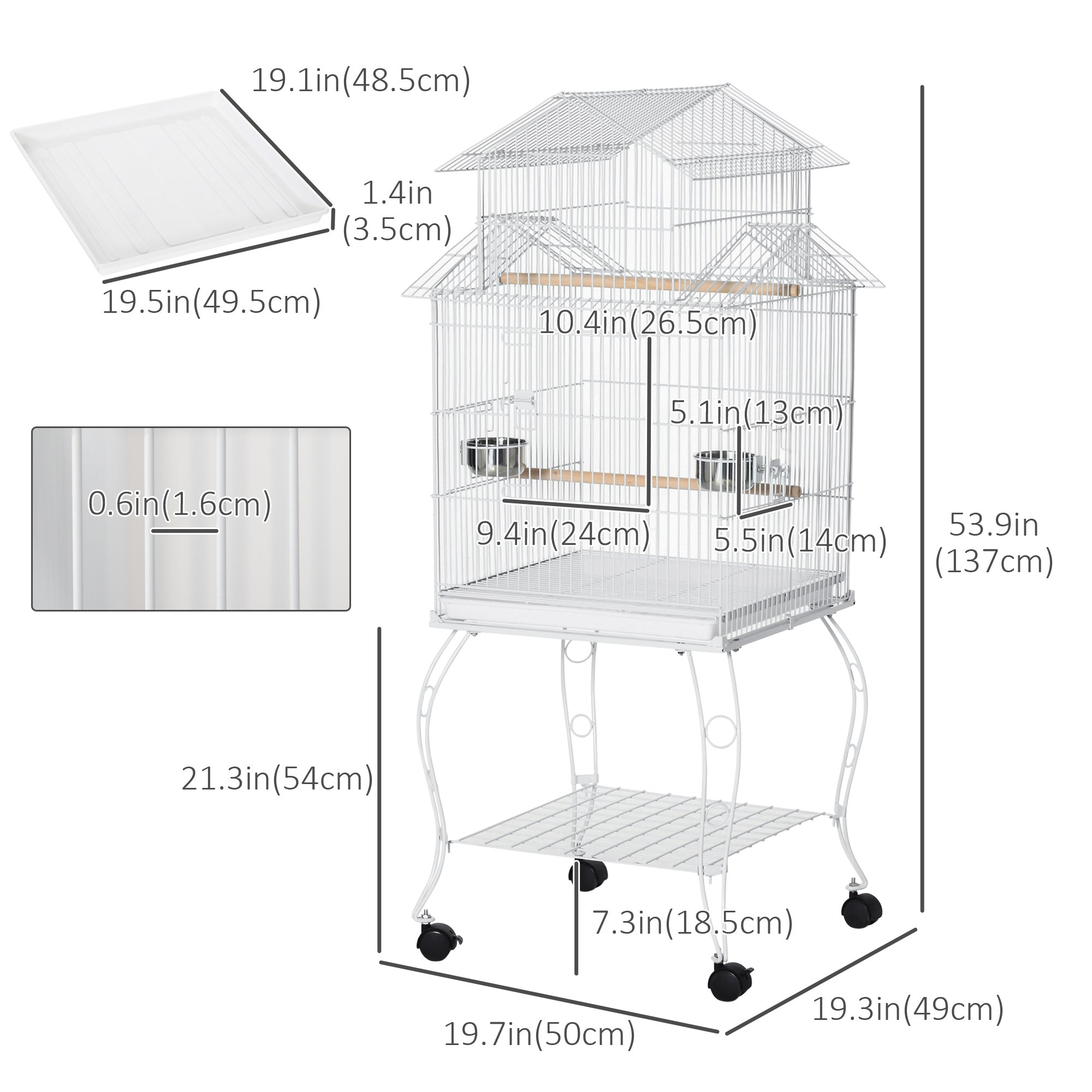 Grande cage à oiseaux roulante en acier de 53.9'', avec maison pour oiseaux, support roulant détachable, étagère de rangement, perchoir en bois, récipient à nourriture, blanche