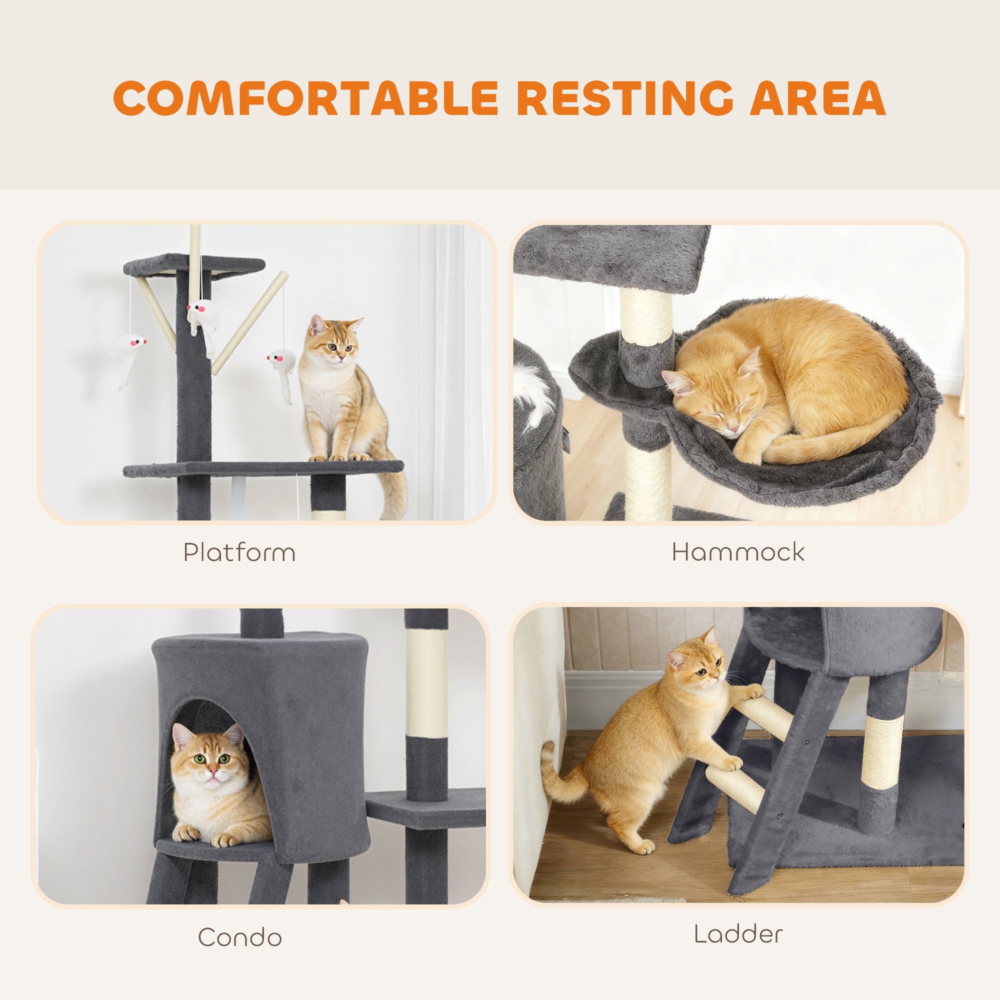 53" Cat Tree Tower, Kitten Activity Centre with Scratching Posts, Condo, Perches, Ladder, Hammock, Dangling Toys, Dark Grey