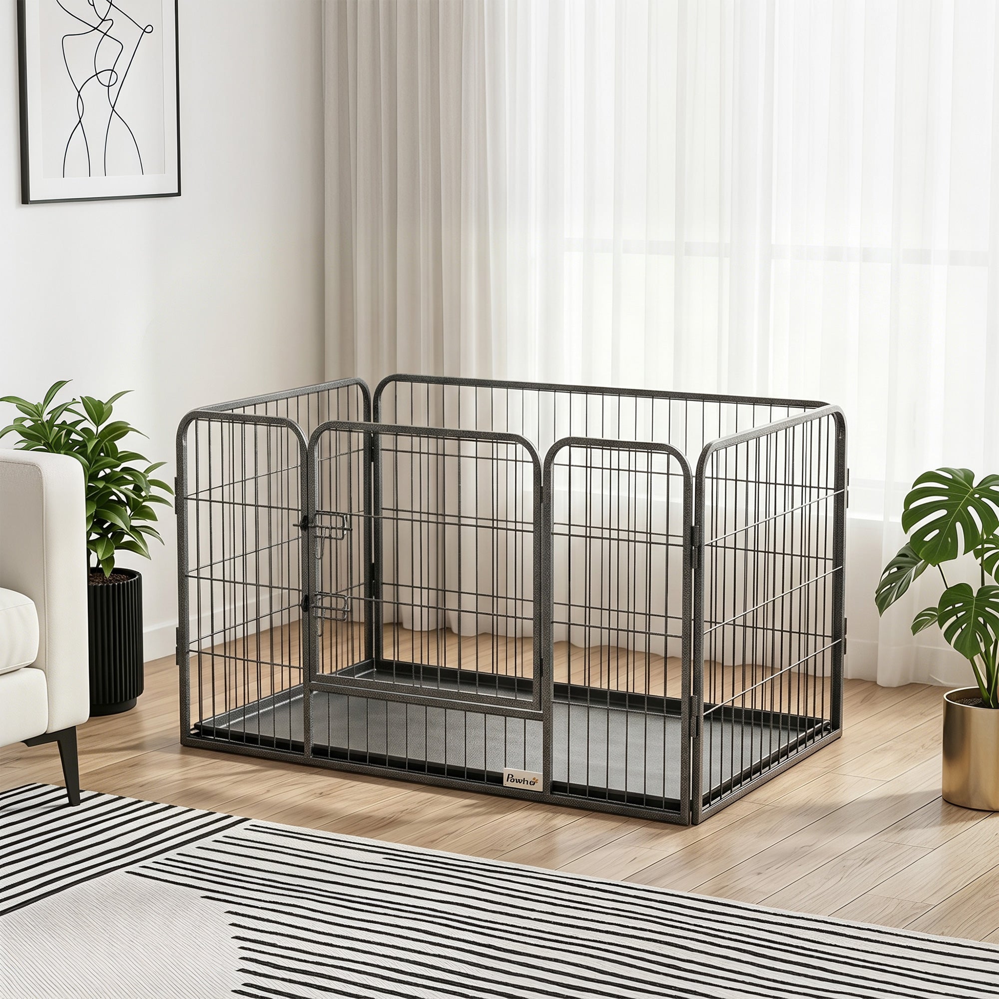 Parc pour chien à 4 panneaux, clôture pour chien robuste, parc portable pour animaux de 28" de haut avec porte à double verrouillage, bac, gris