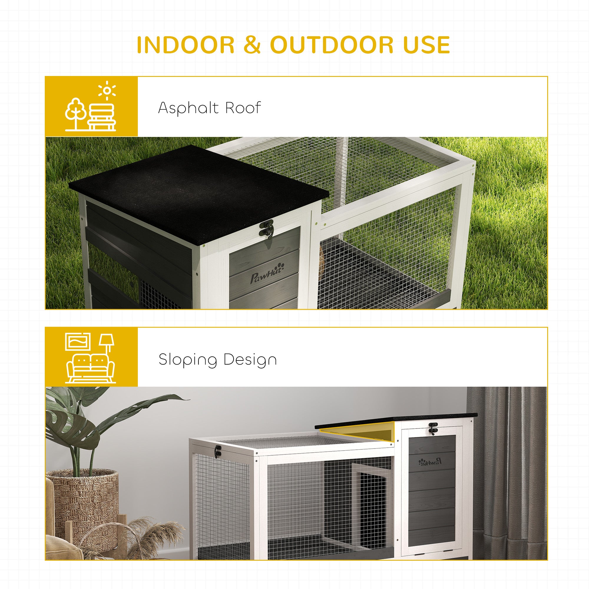Wooden Rabbit Hutch with Pull-Out Tray, Asphalt Openable Roof, Small Animal Cage on Wheels with Run, Grey