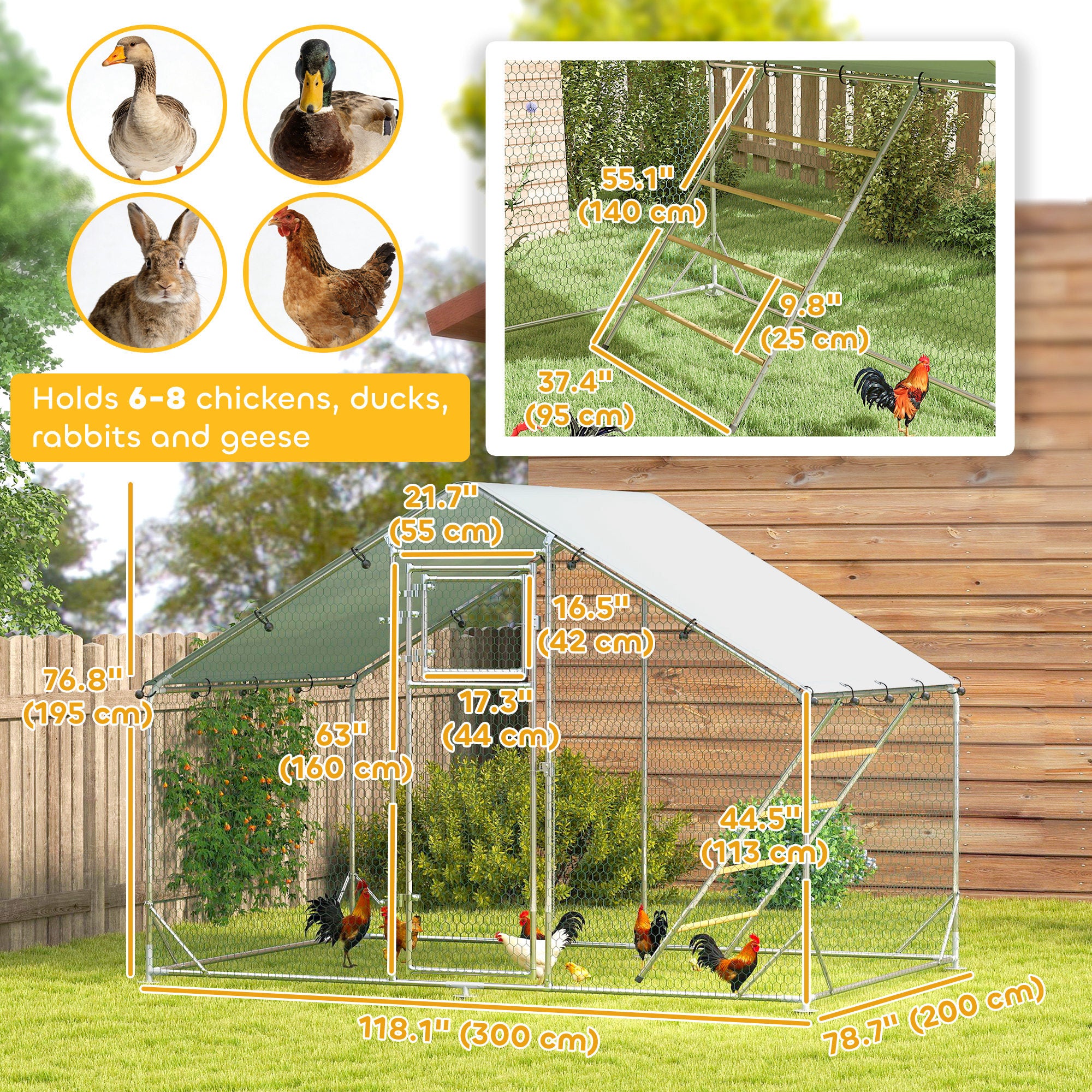 Large Metal Chicken Run with Waterproof & UV-Resistant Cover, Feeding Door, Hanging Feeder, Perch for 6-8 Chickens