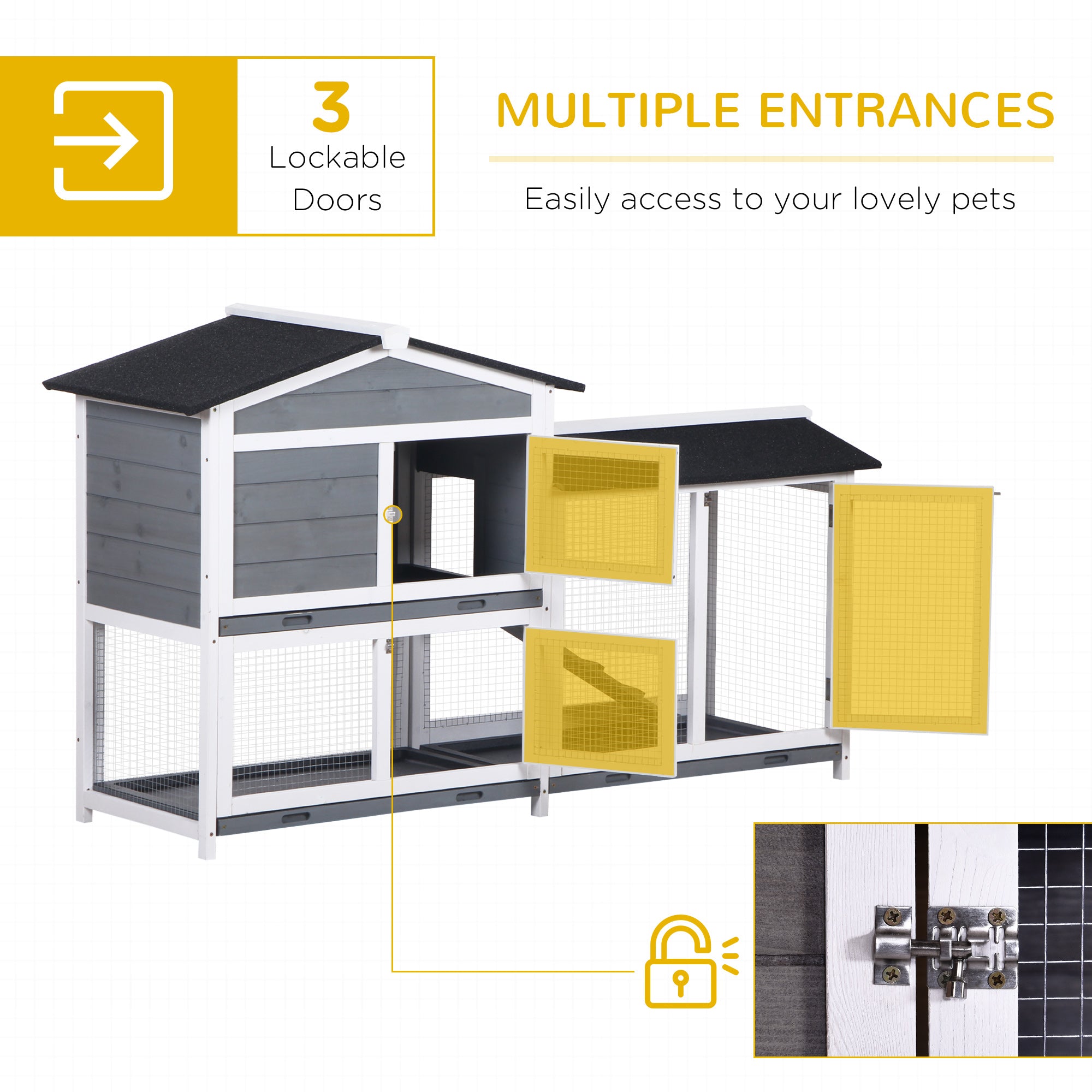 2-tier Wooden Rabbit Hutch w/ Ramp and Outdoor Run, Grey