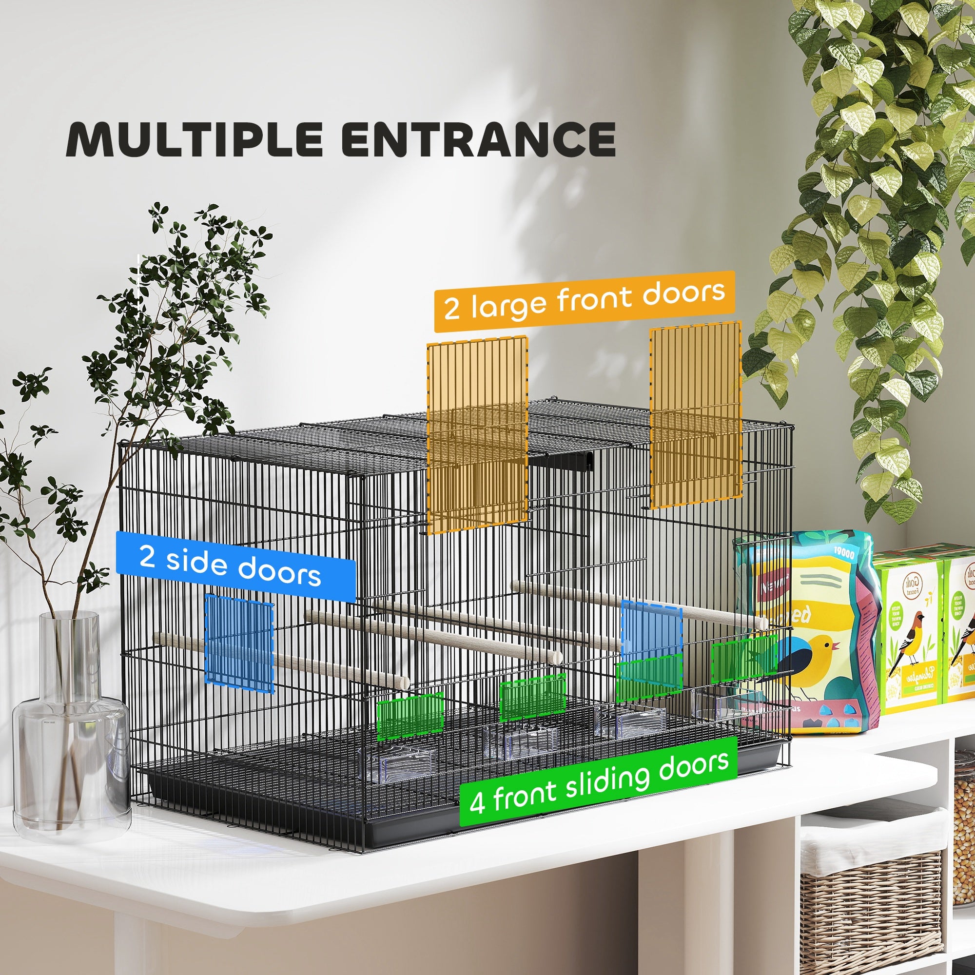 18" H Bird Cage, Large Parakeet Cage for Budgie, Lovebird, Canary, Finches with Divider, Black