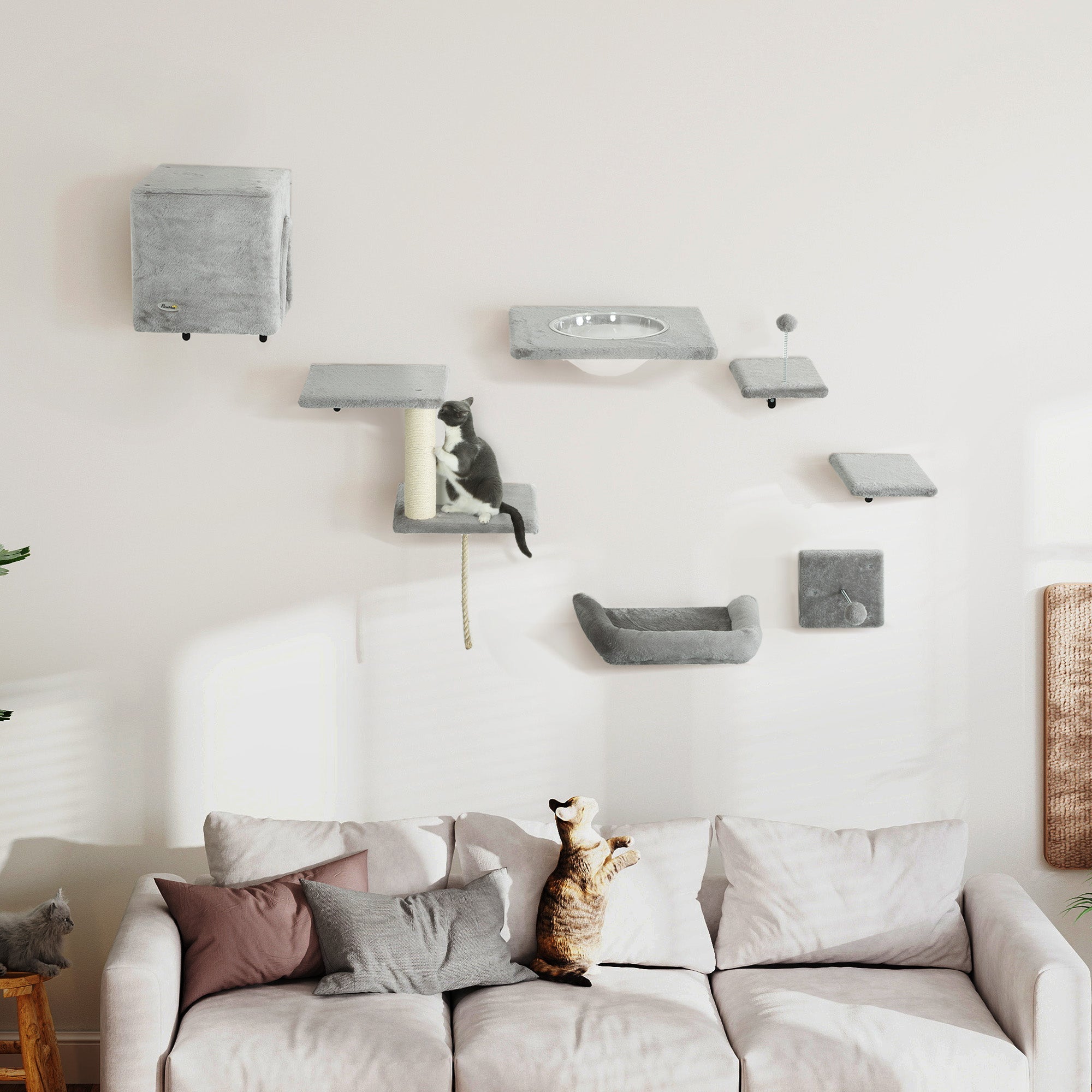 Cat Wall Shelves Set of 7, Shelves and Perches with House, Sisal Post Ladder, Bed & Ball, Grey