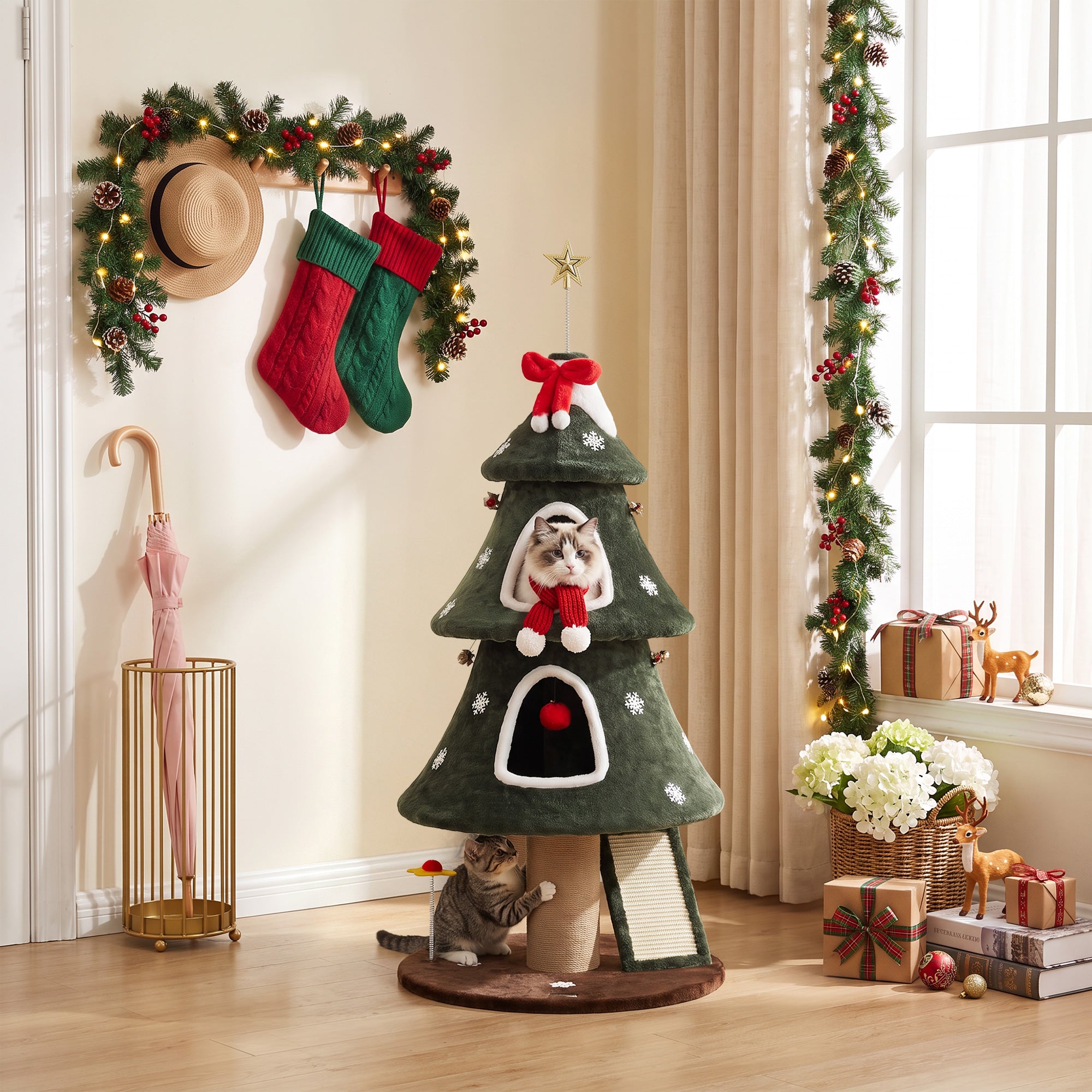 52" Christmas Cat Tree, 2-Tier Cat Tower with Dual Condos, Scratching Posts, Sisal Ladder, Anti-Tip Rope