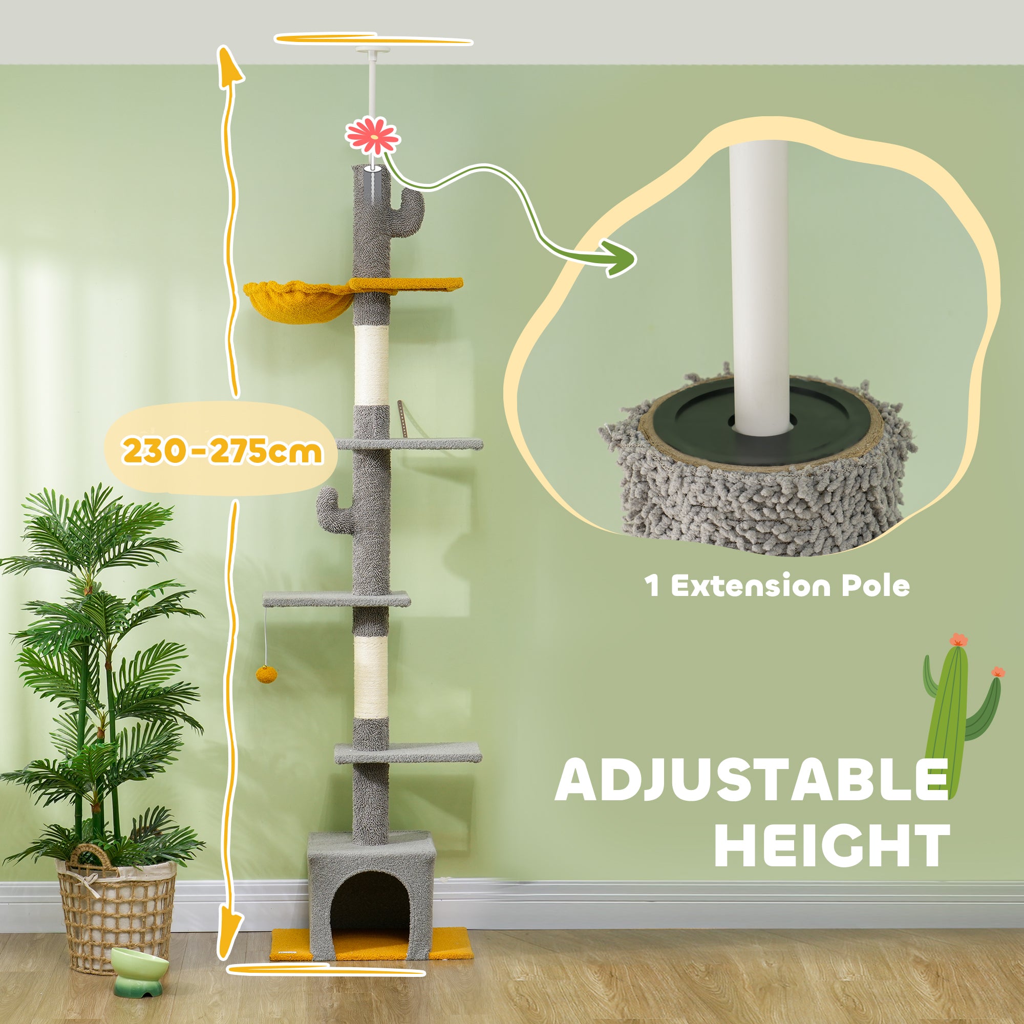 Floor to Ceiling Cat TreeTower with 90.5"-108" Adjustable Height, Scratching Posts, Hammock, Comdo, Toy Ball, Light Grey