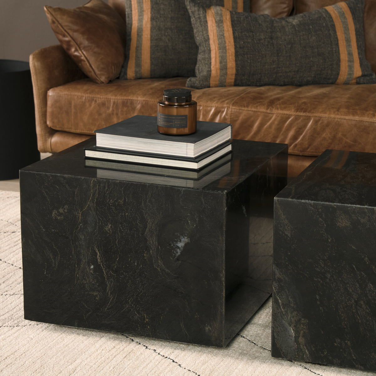 Quadra 20" Solid Black Marble Square Coffee Table-Coffee Tables-DECOROLALA