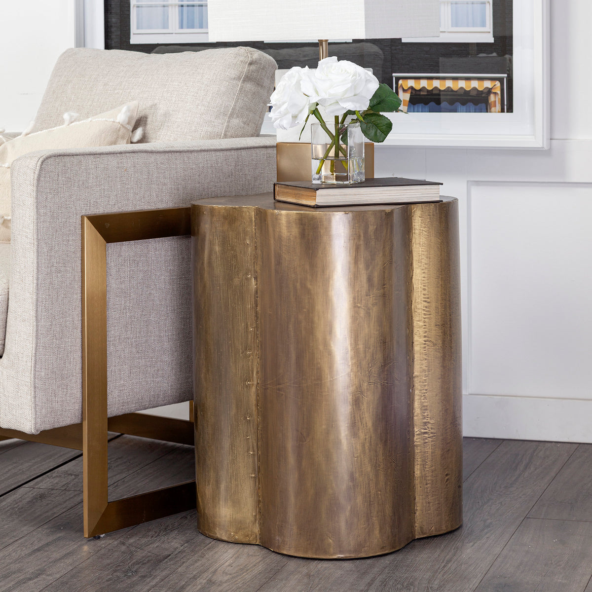 Quatrefoil 18L x 18W Gold Flower W/ Wooden Top Brass Cladding Accent Table-Accent Tables-DECOROLALA