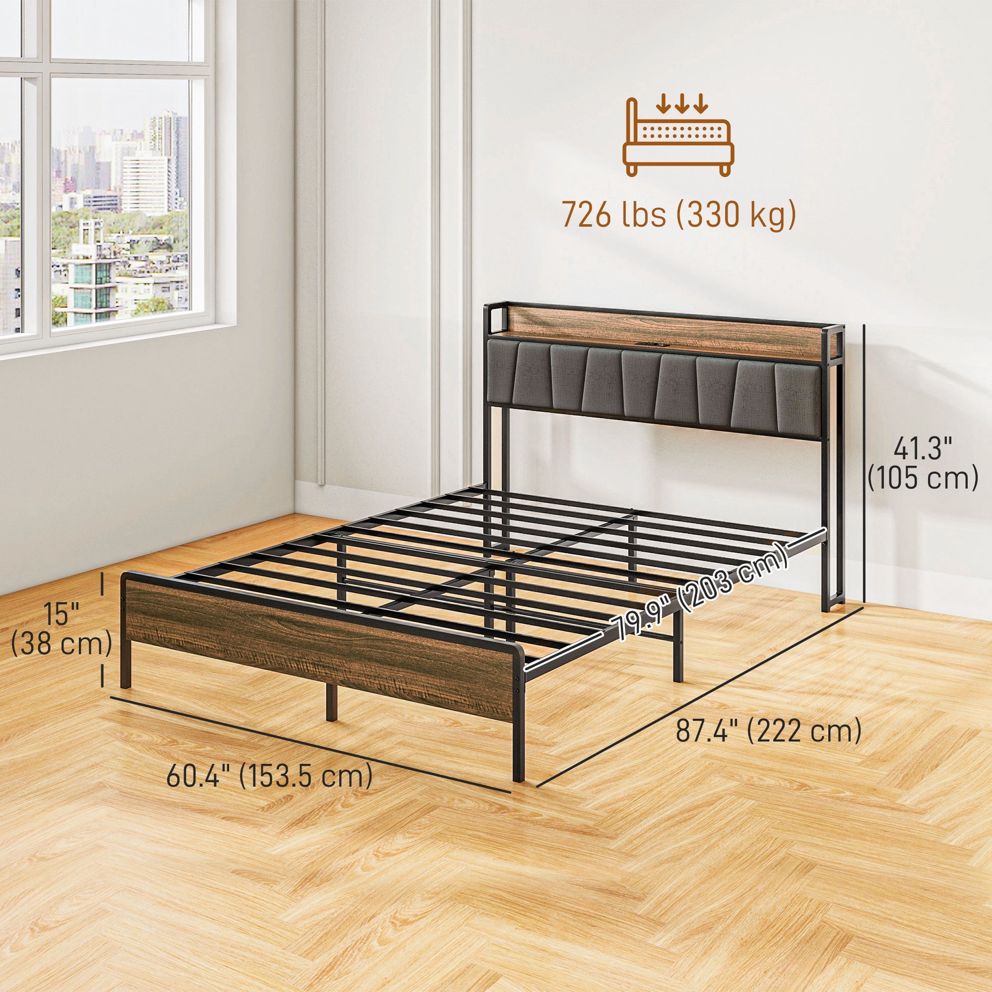 Queen Bed Frame Charging Station Walnut-DECOROLALA