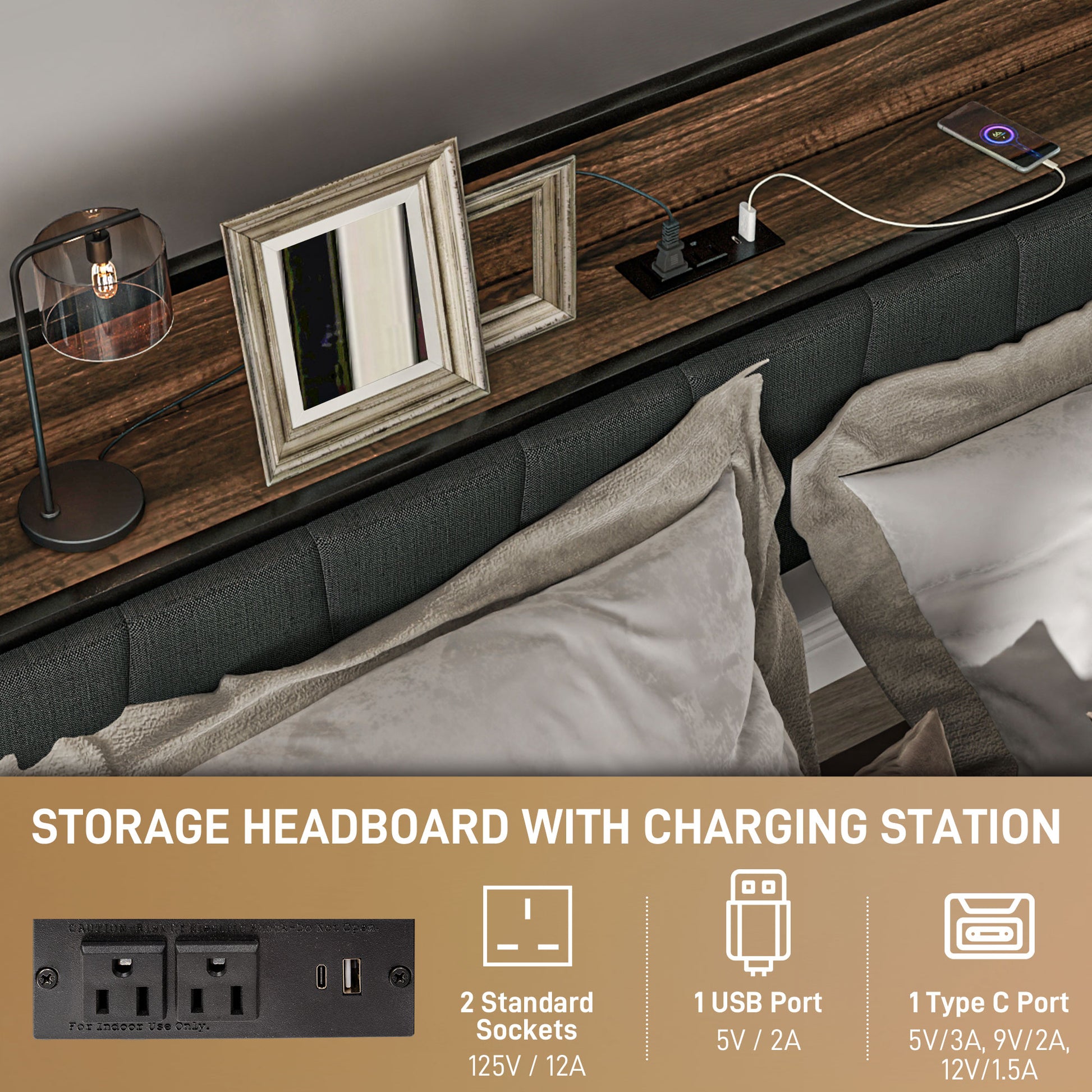 Queen Bed Frame Charging Station Walnut-DECOROLALA