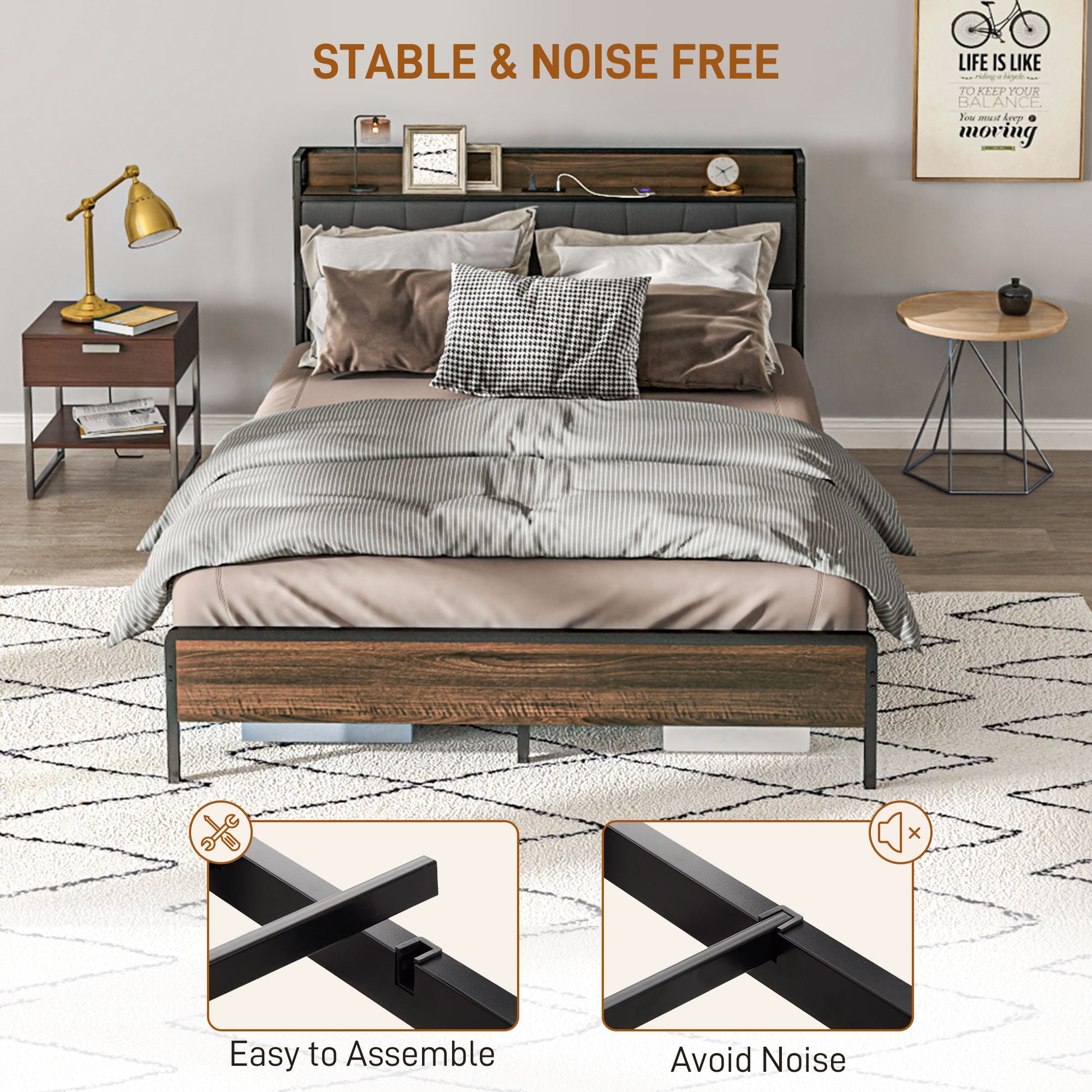Queen Bed Frame Charging Station Walnut-DECOROLALA