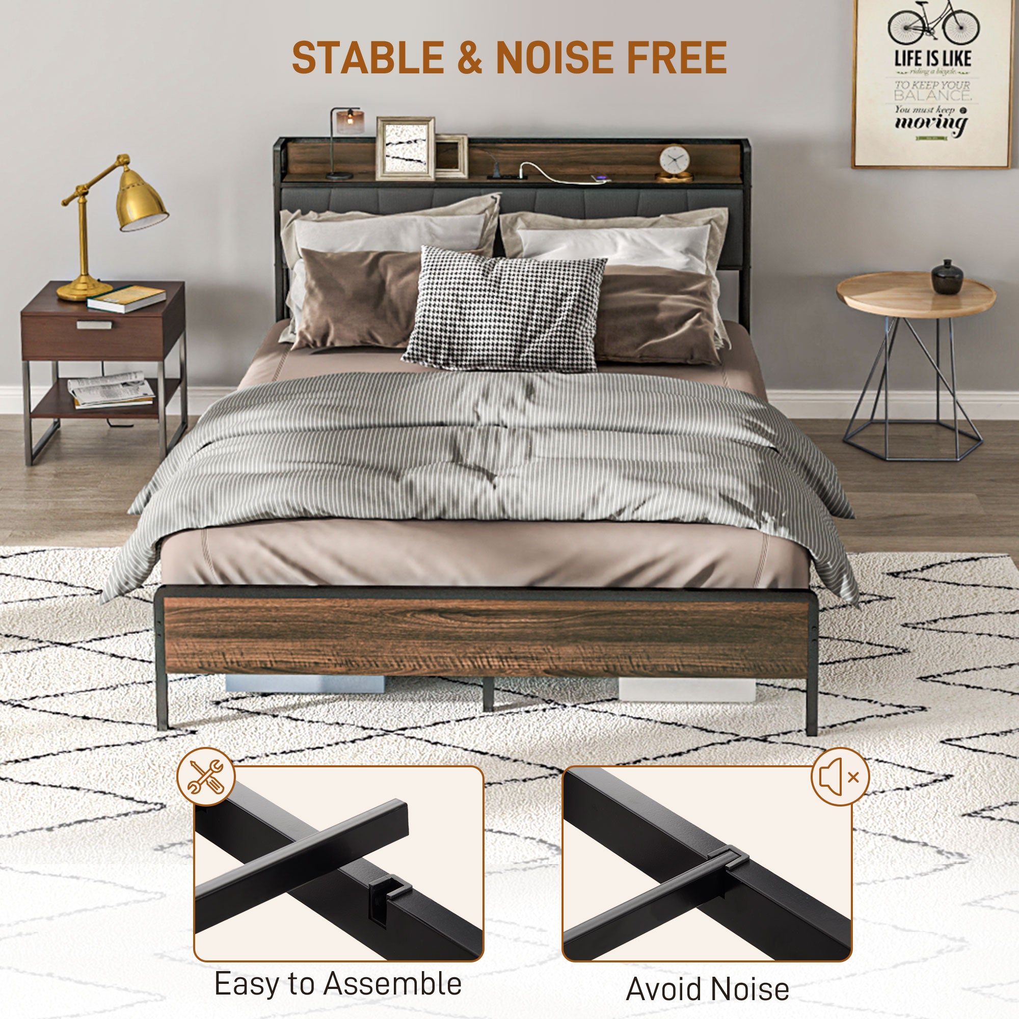Queen Bed Frame Charging Station Walnut-DECOROLALA