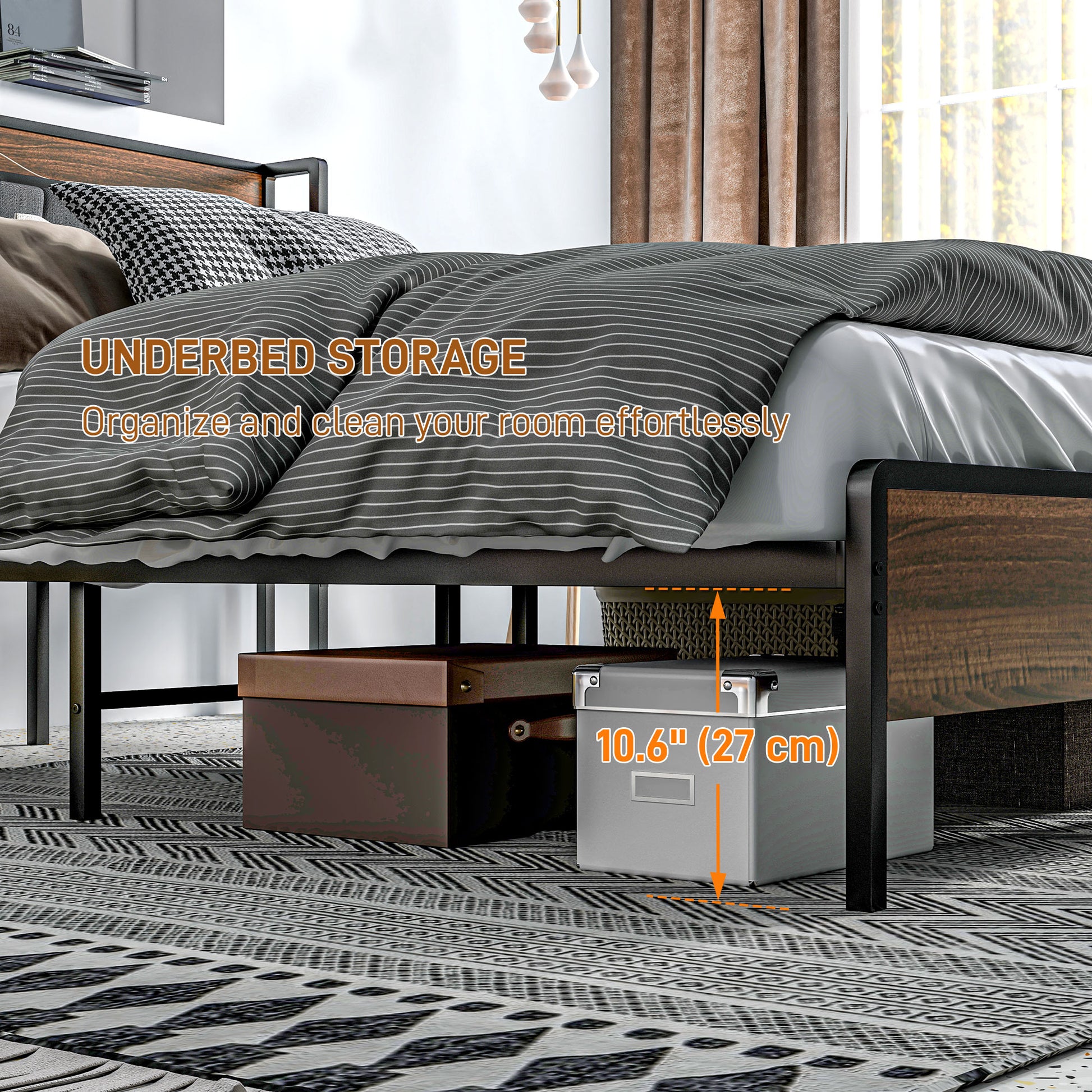 Queen Bed Frame Charging Station Walnut-DECOROLALA