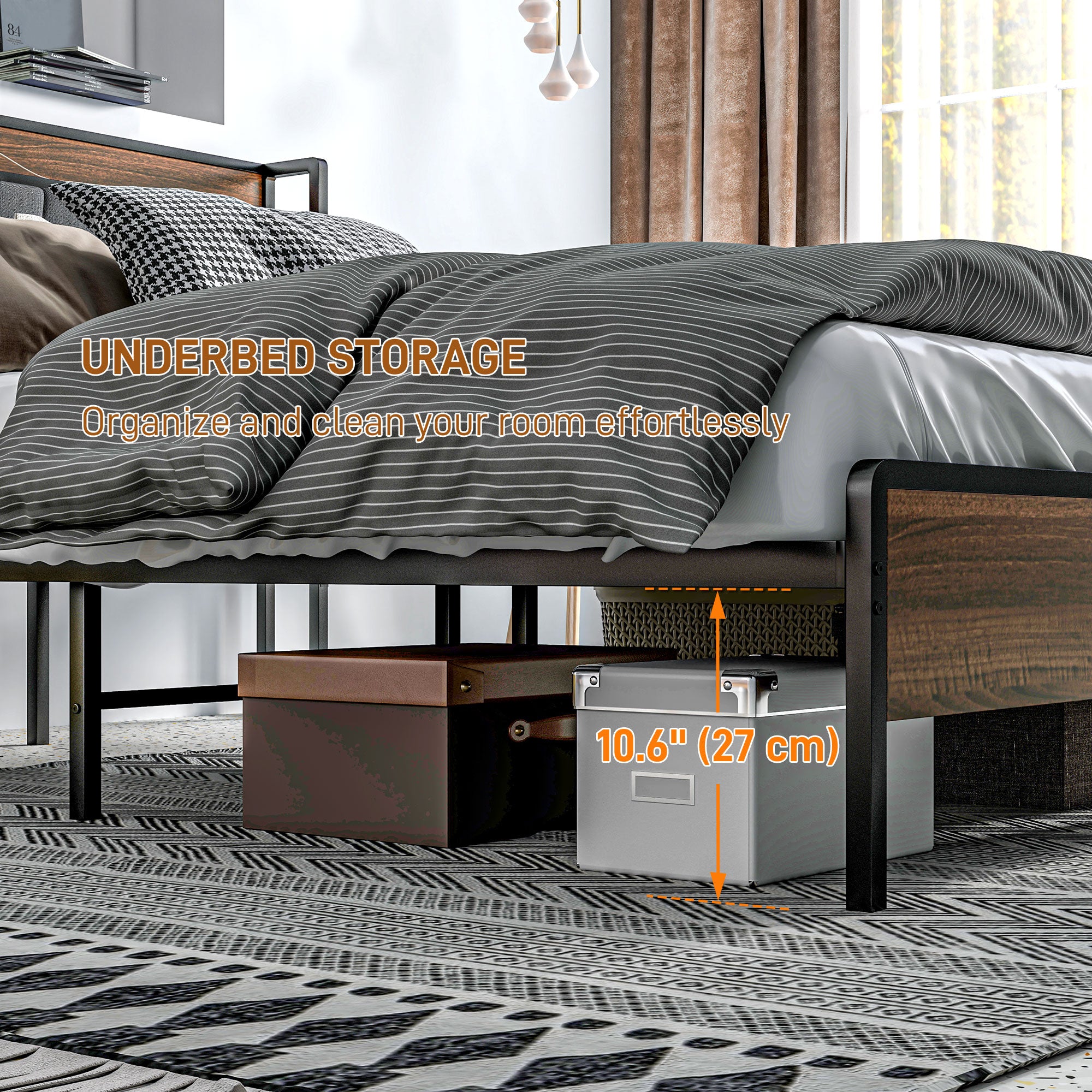 Queen Bed Frame Charging Station Walnut-DECOROLALA
