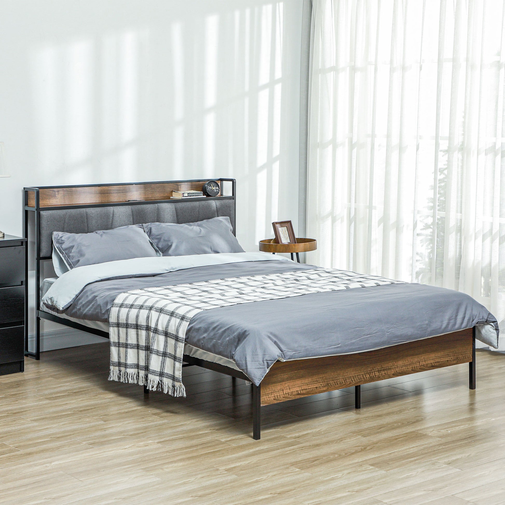 Queen Bed Frame Charging Station Walnut-DECOROLALA