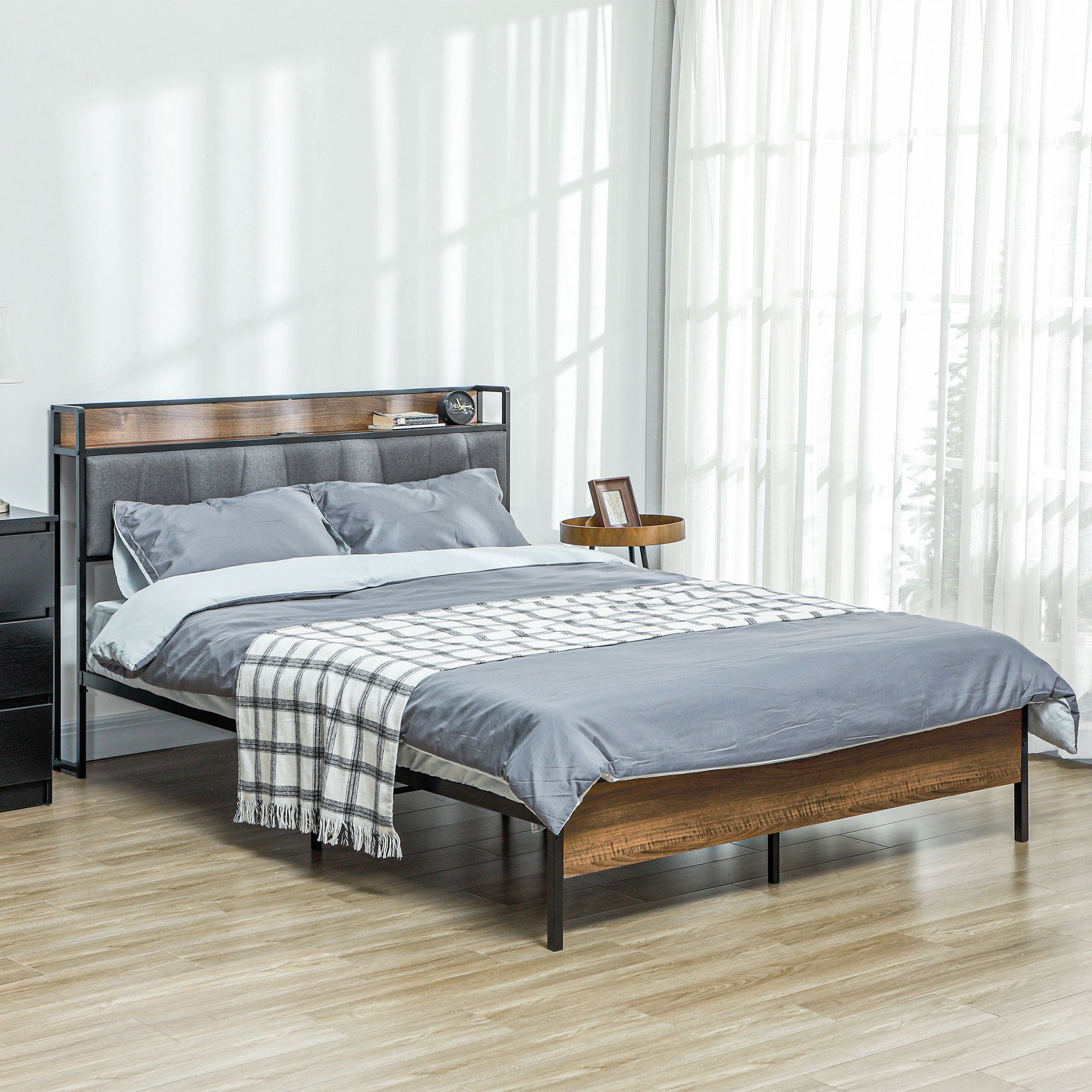 Queen Bed Frame Charging Station Walnut-DECOROLALA