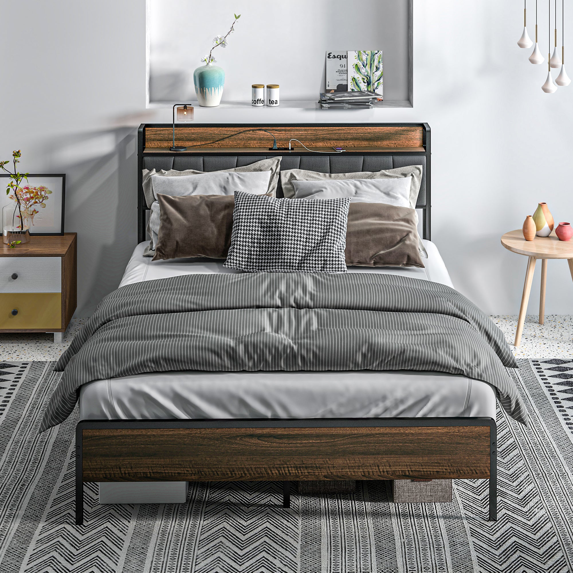 Queen Bed Frame Charging Station Walnut-DECOROLALA
