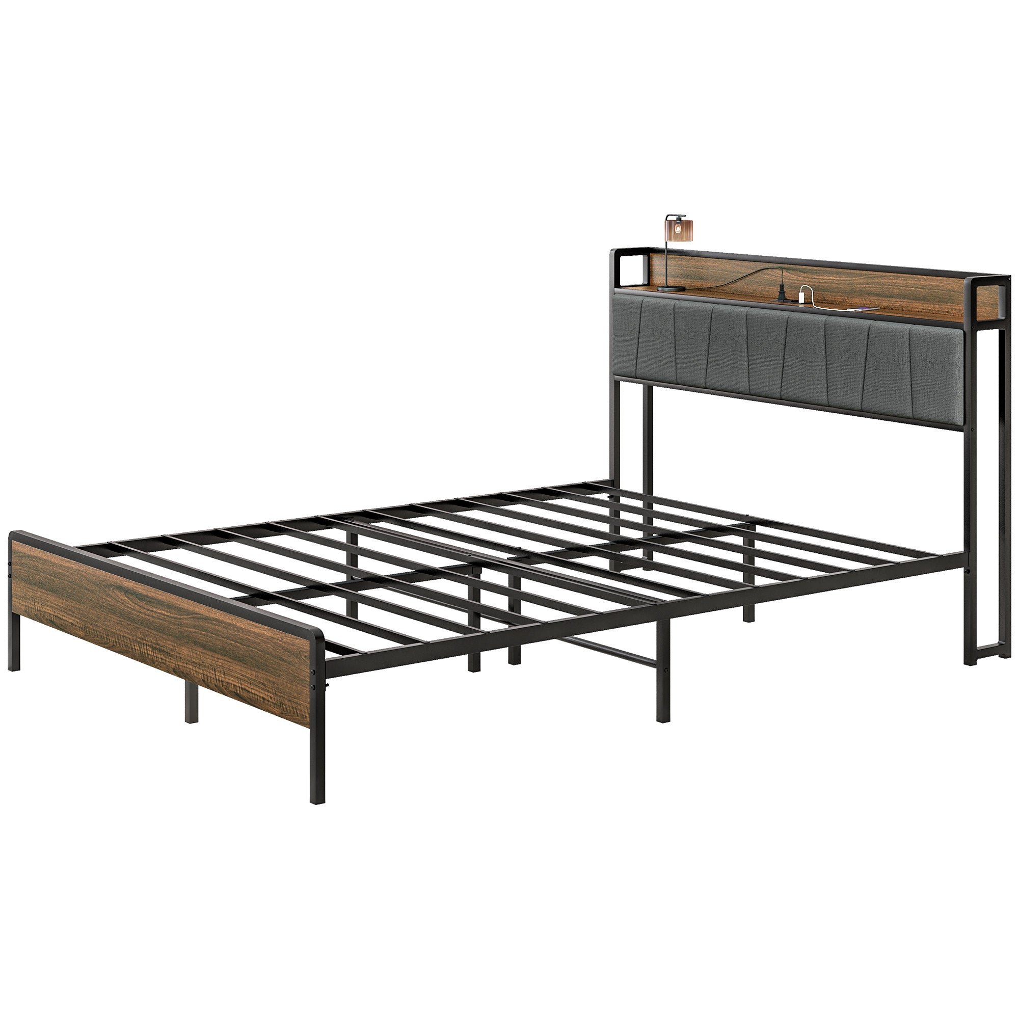 Queen Bed Frame Charging Station Walnut-DECOROLALA