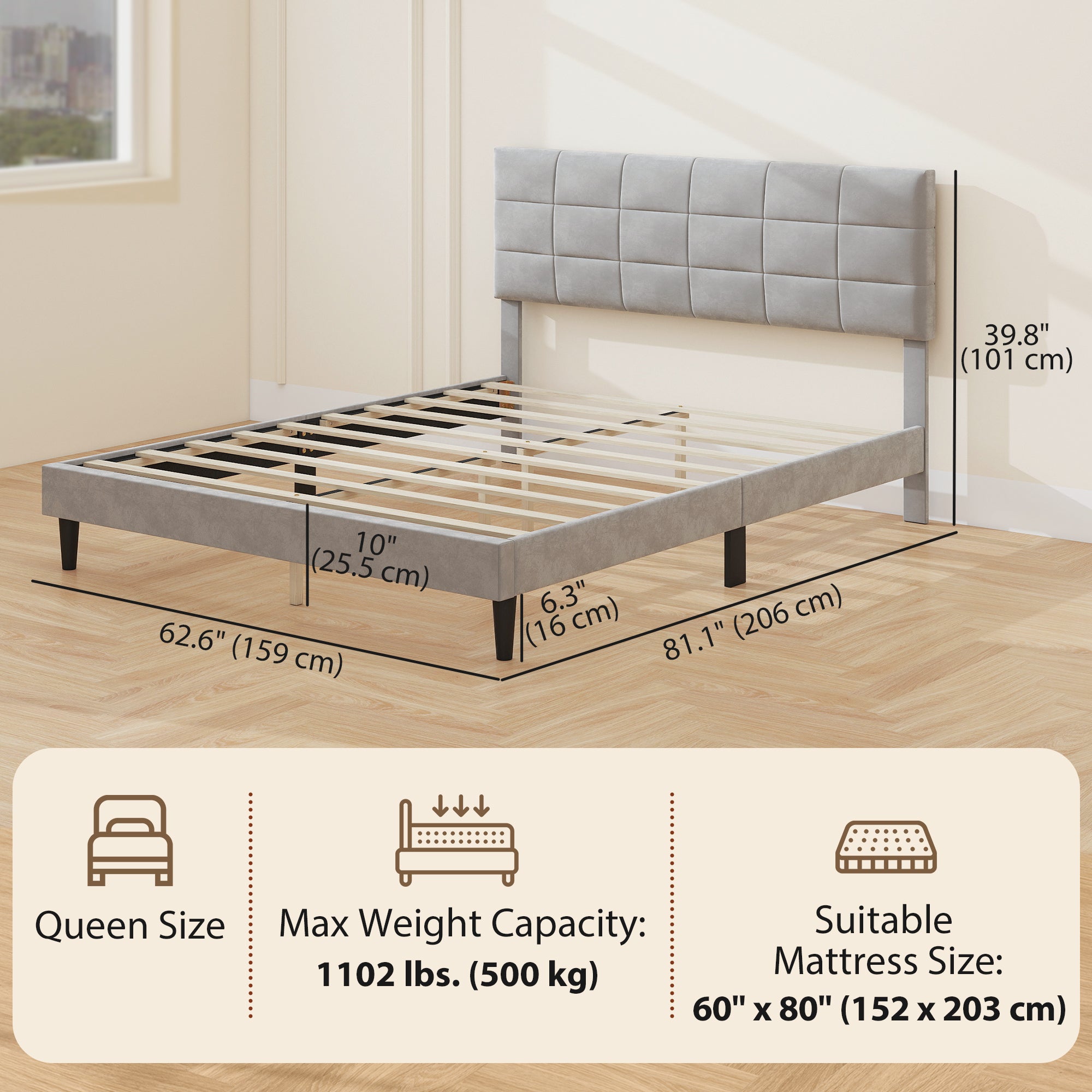Queen Bed Frame Upholstered Grey-DECOROLALA