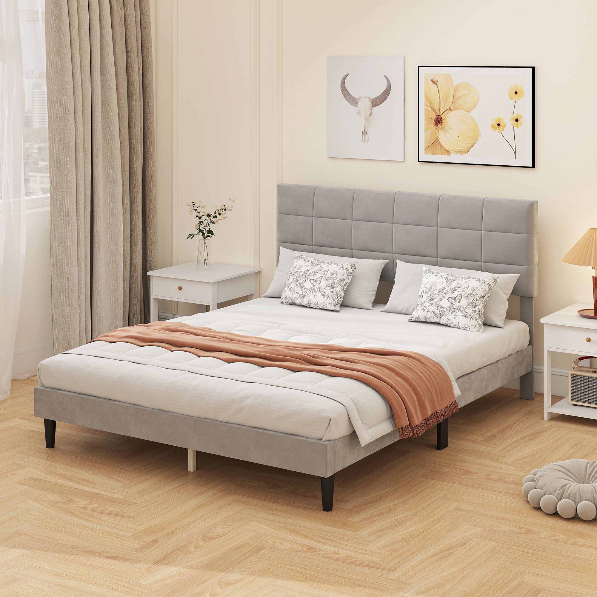 Queen Bed Frame Upholstered Grey-DECOROLALA