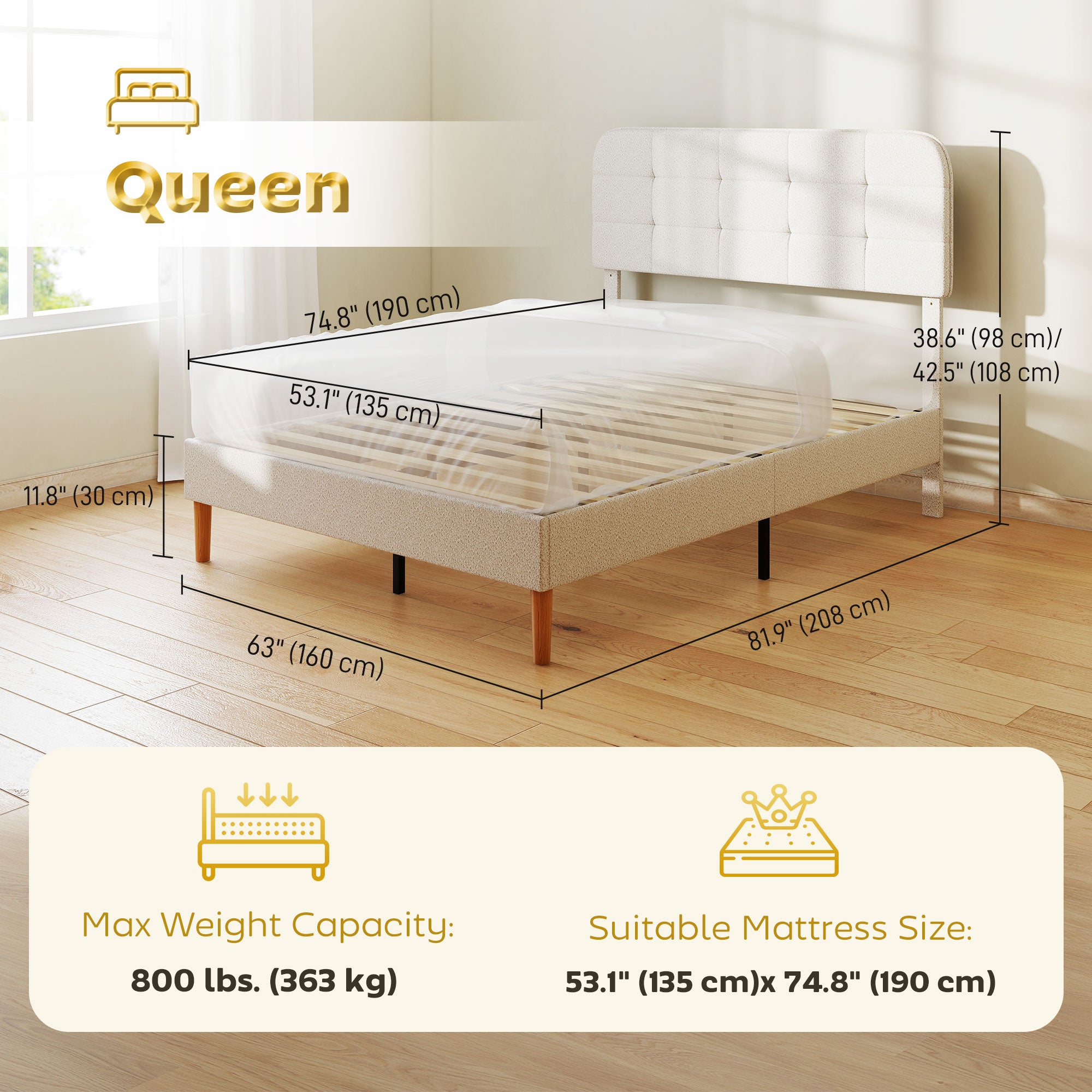 Queen Bed Frame Upholstered White Adjustable-DECOROLALA