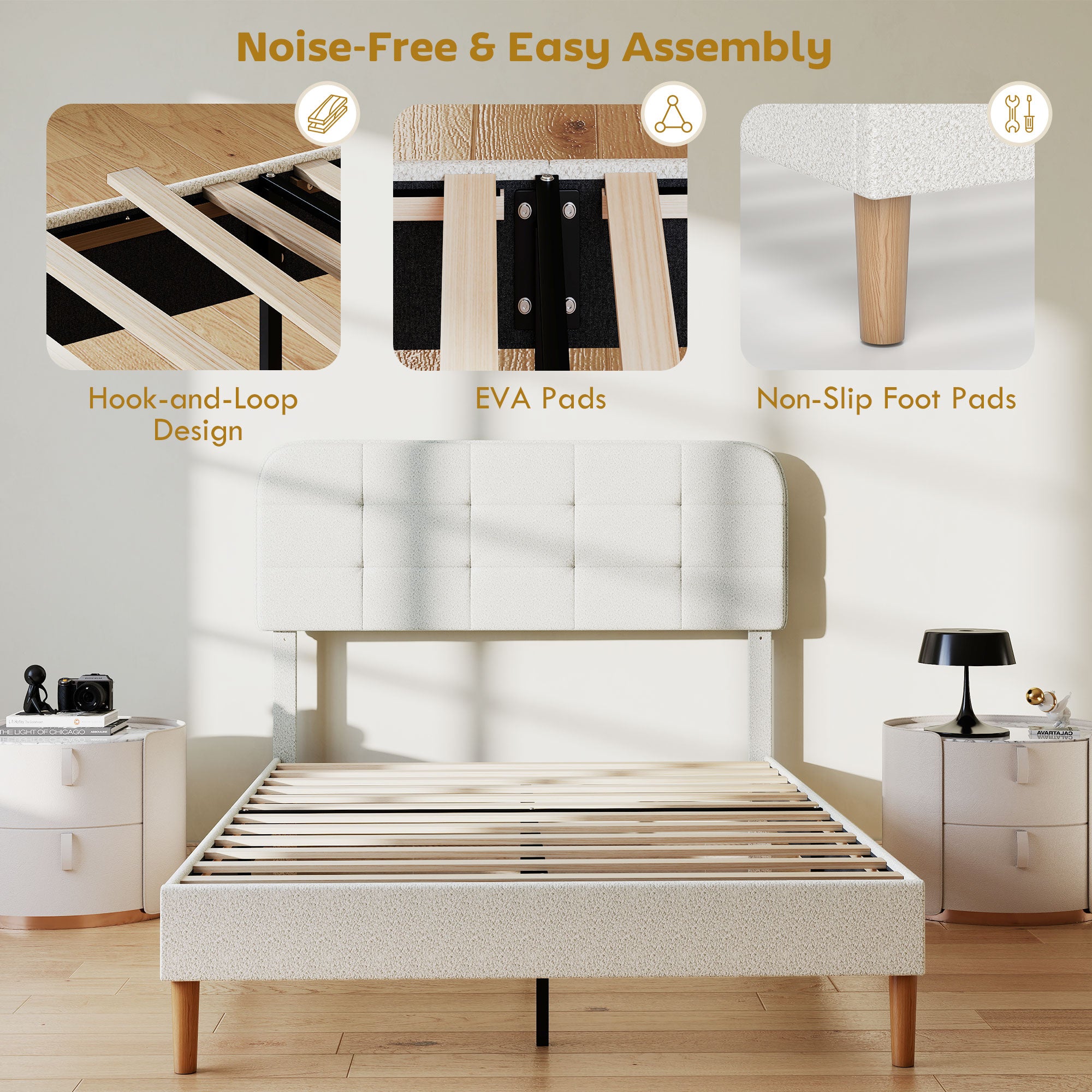 Queen Bed Frame Upholstered White Adjustable-DECOROLALA