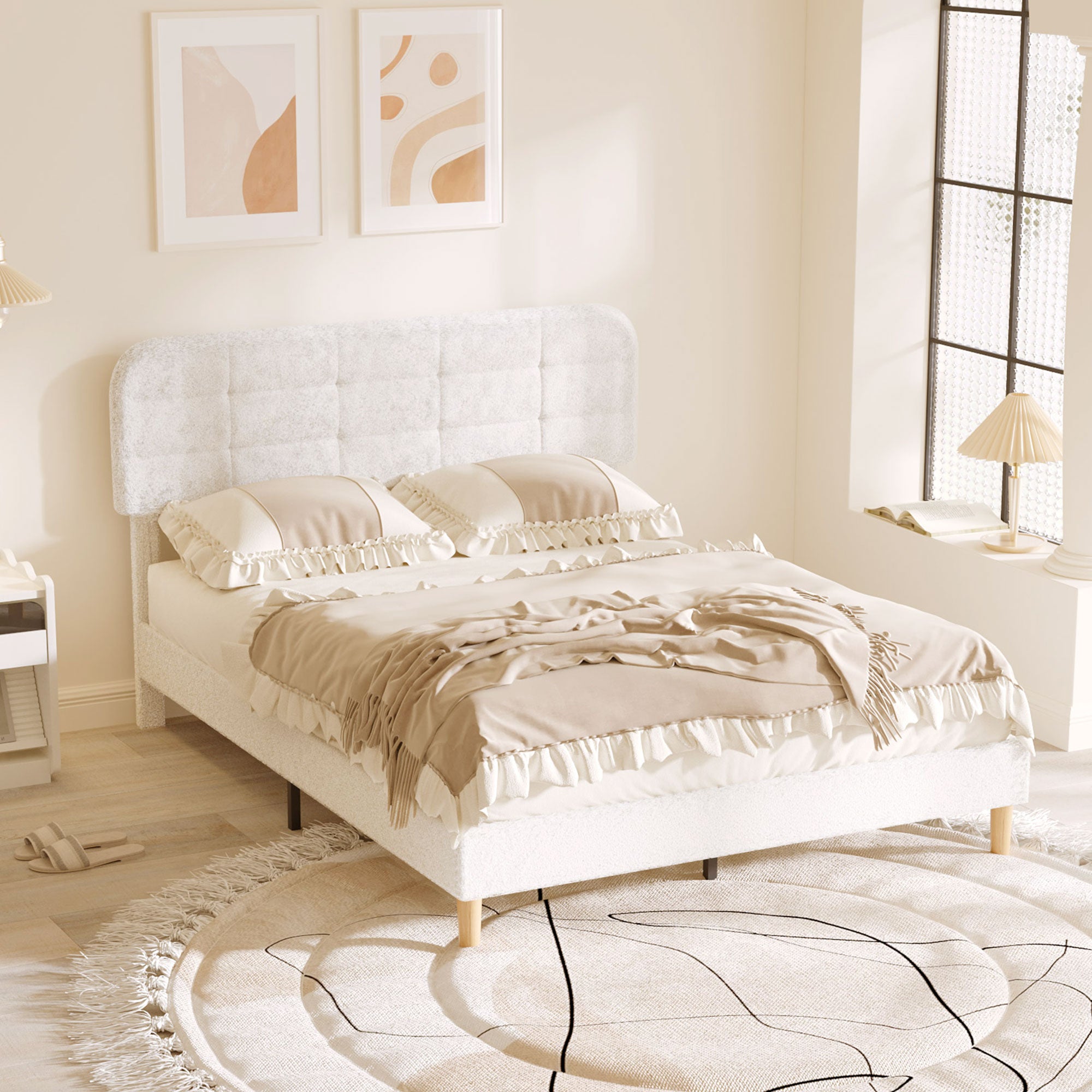 Queen Bed Frame Upholstered White Adjustable-DECOROLALA