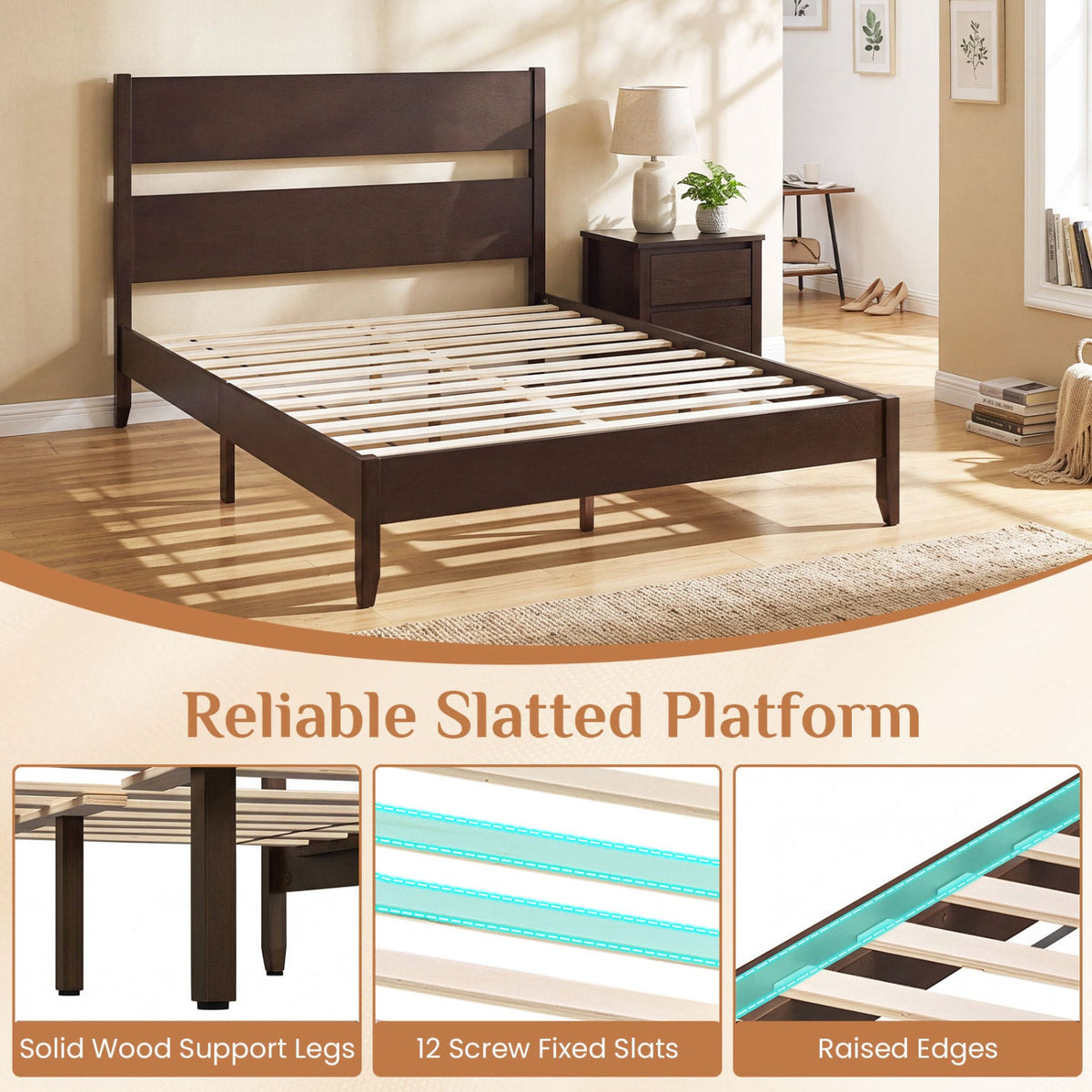 Queen Bed Frame with Headboard and Solid Wood Legs 12 Slats-Beds & Bed Frames-DECOROLALA