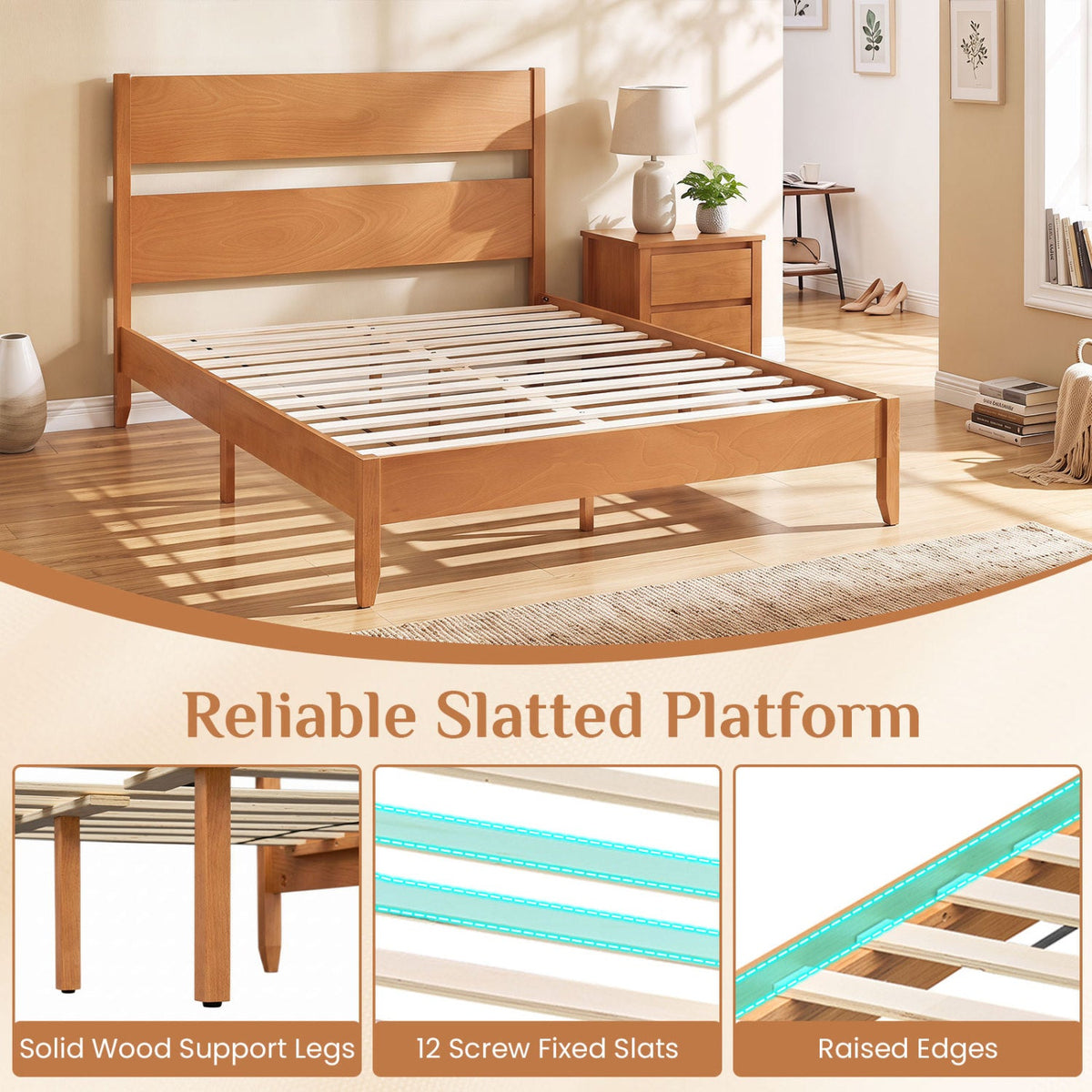 Queen Bed Frame with Headboard and Solid Wood Legs 12 Slats-Beds & Bed Frames-DECOROLALA