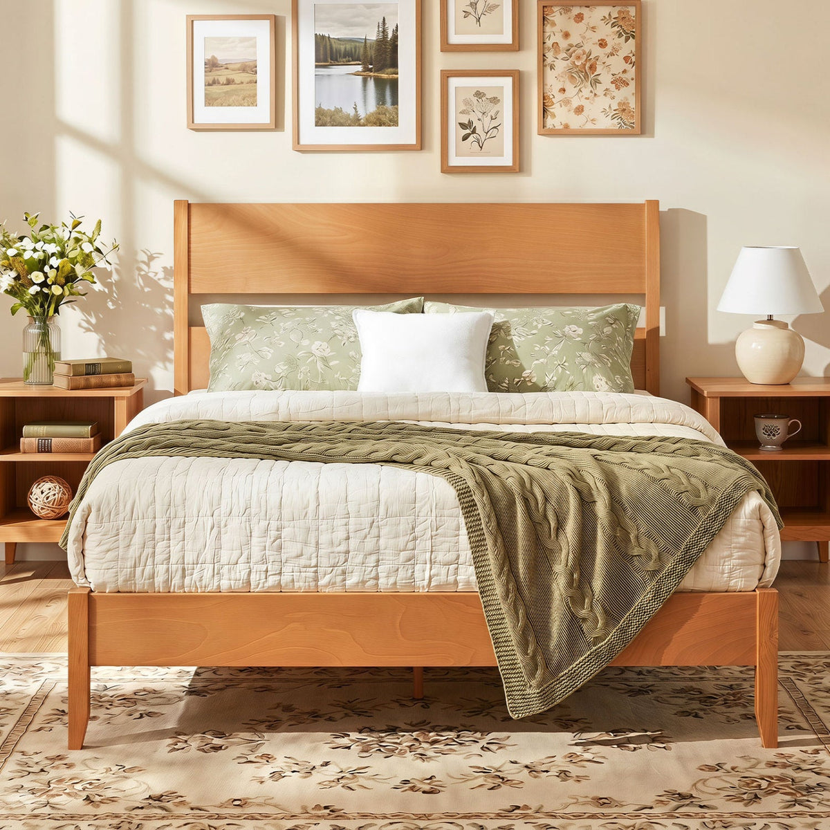 Queen Bed Frame with Headboard and Solid Wood Legs 12 Slats-Beds & Bed Frames-DECOROLALA