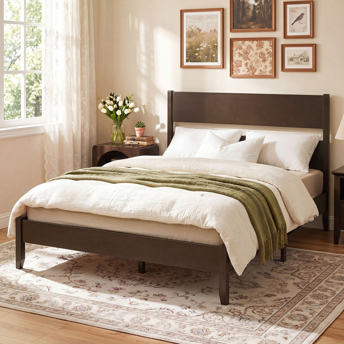 Queen Bed Frame with Headboard and Solid Wood Legs 12 Slats-Beds & Bed Frames-DECOROLALA