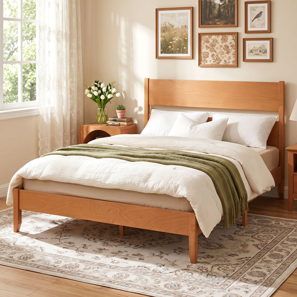 Queen Bed Frame with Headboard and Solid Wood Legs 12 Slats-Beds & Bed Frames-DECOROLALA