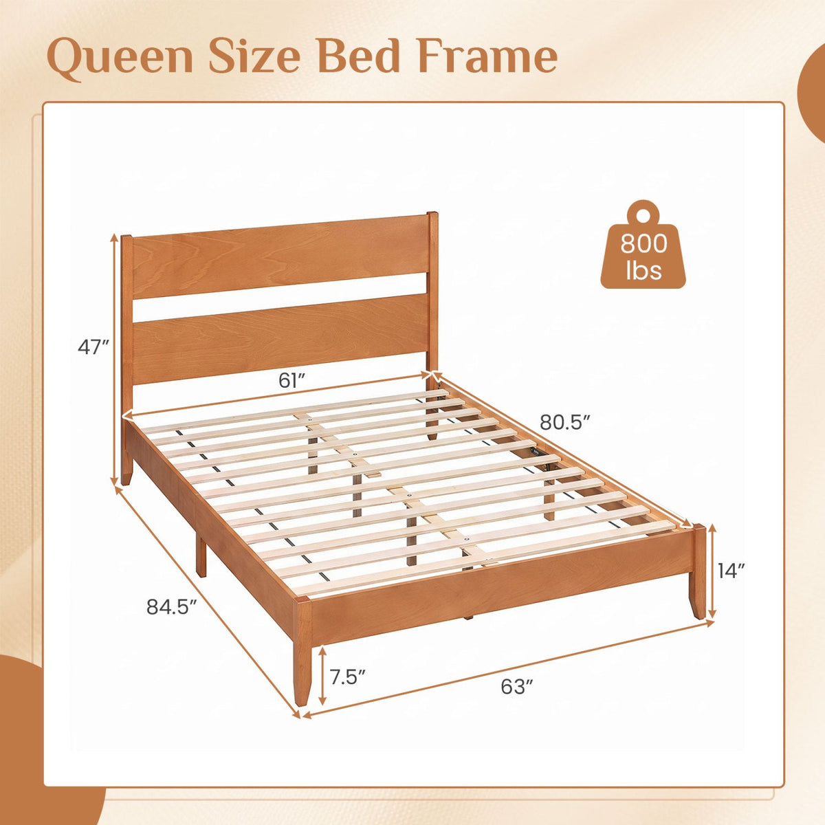 Queen Bed Frame with Headboard and Solid Wood Legs 12 Slats-Beds & Bed Frames-DECOROLALA