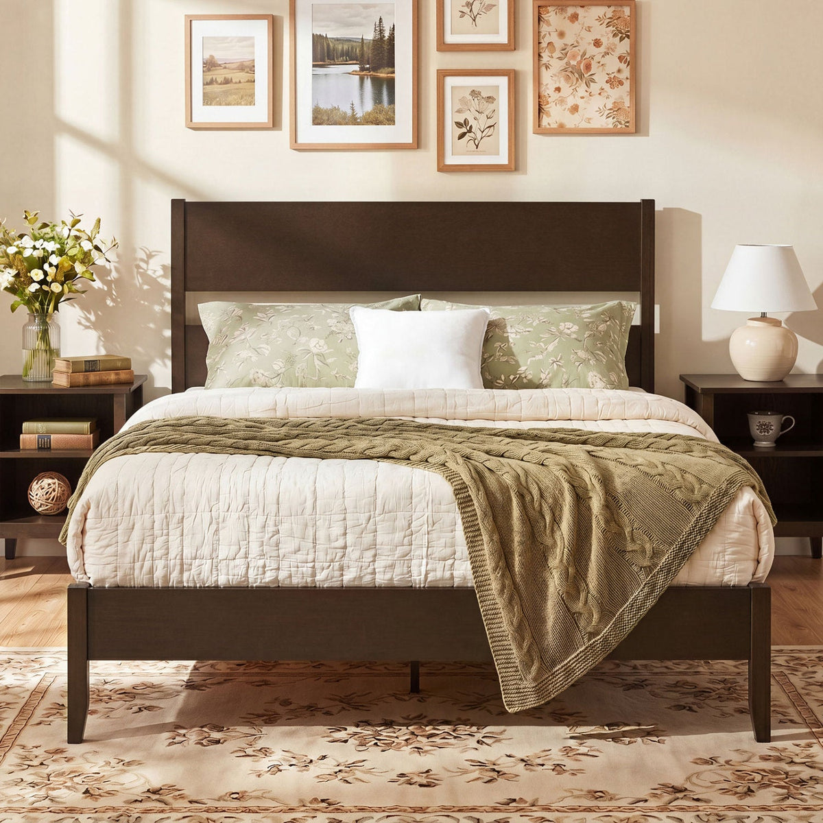 Queen Bed Frame with Headboard and Solid Wood Legs 12 Slats-Beds & Bed Frames-DECOROLALA