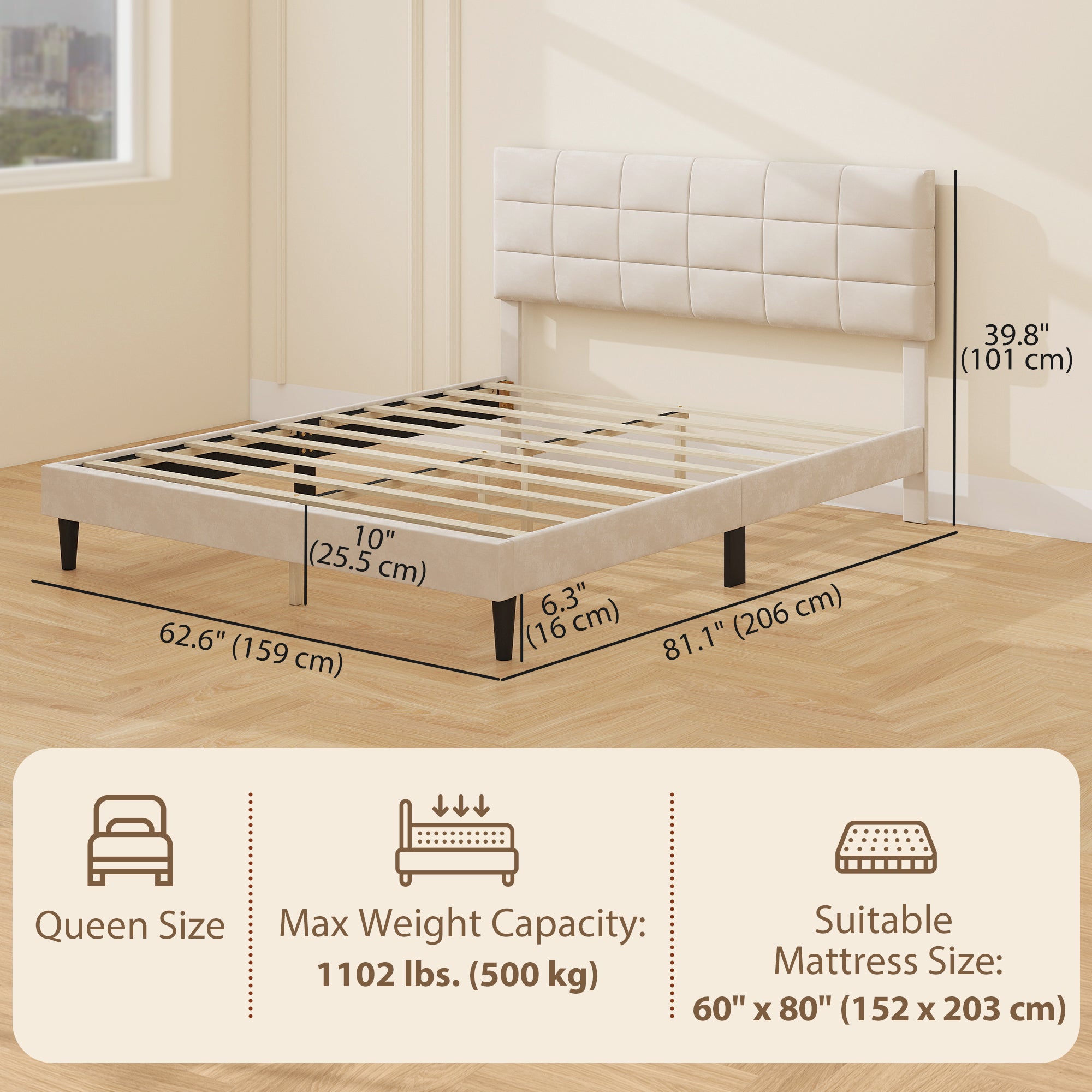 Queen Bed Frame with Velvet Headboard, Wood Slats, 1100 lbs, Cream-DECOROLALA