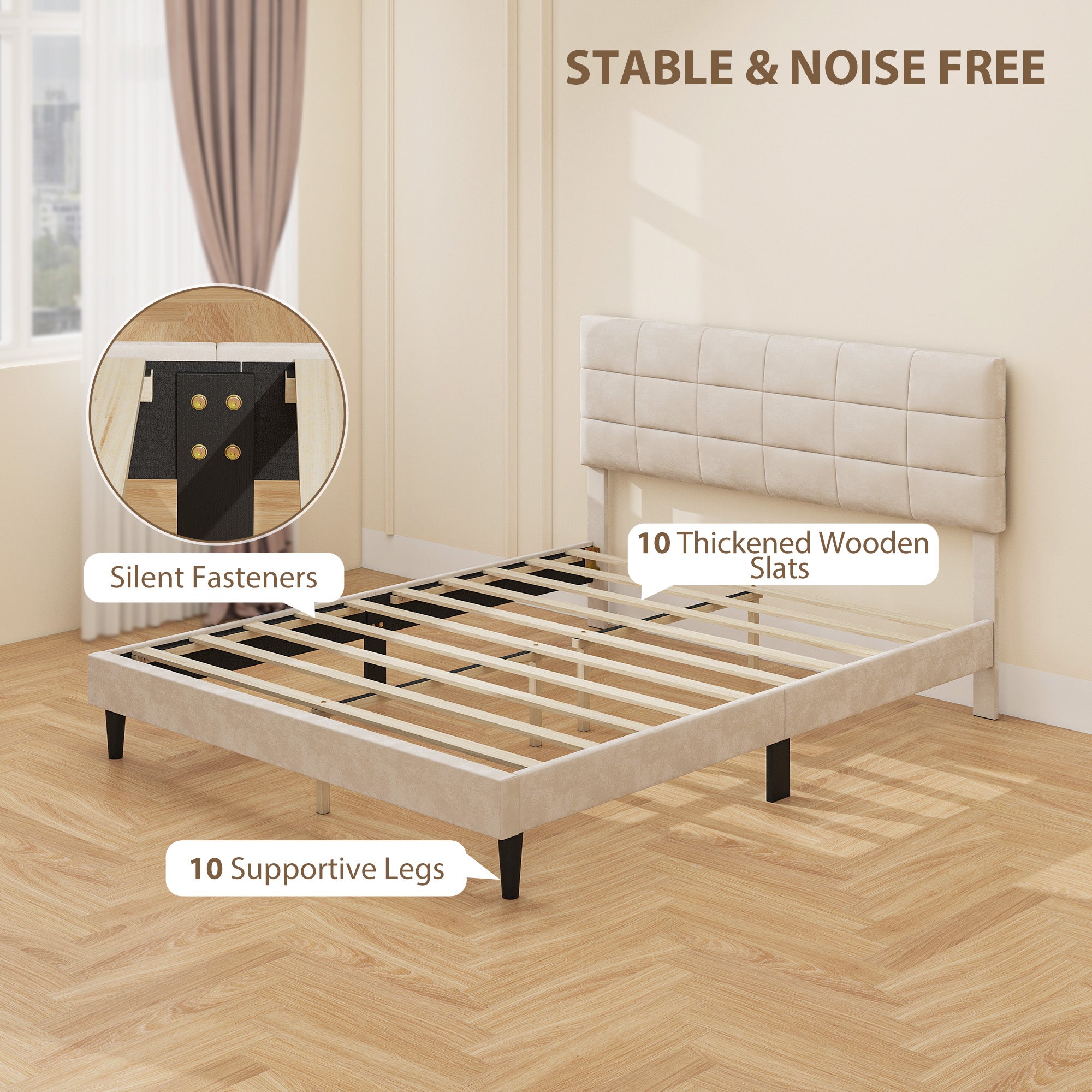 Queen Bed Frame with Velvet Headboard, Wood Slats, 1100 lbs, Cream-DECOROLALA