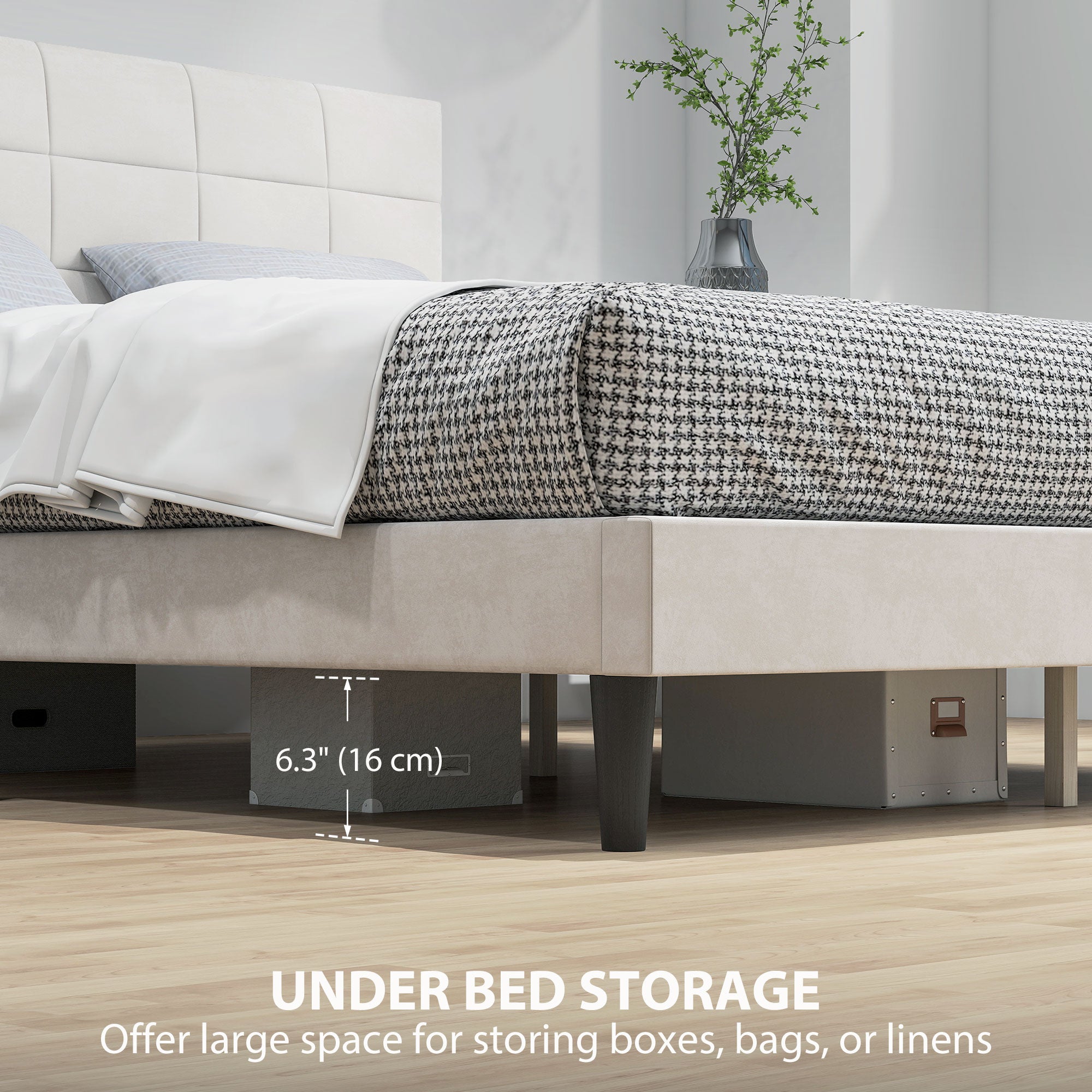 Queen Bed Frame with Velvet Headboard, Wood Slats, 1100 lbs, Cream-DECOROLALA
