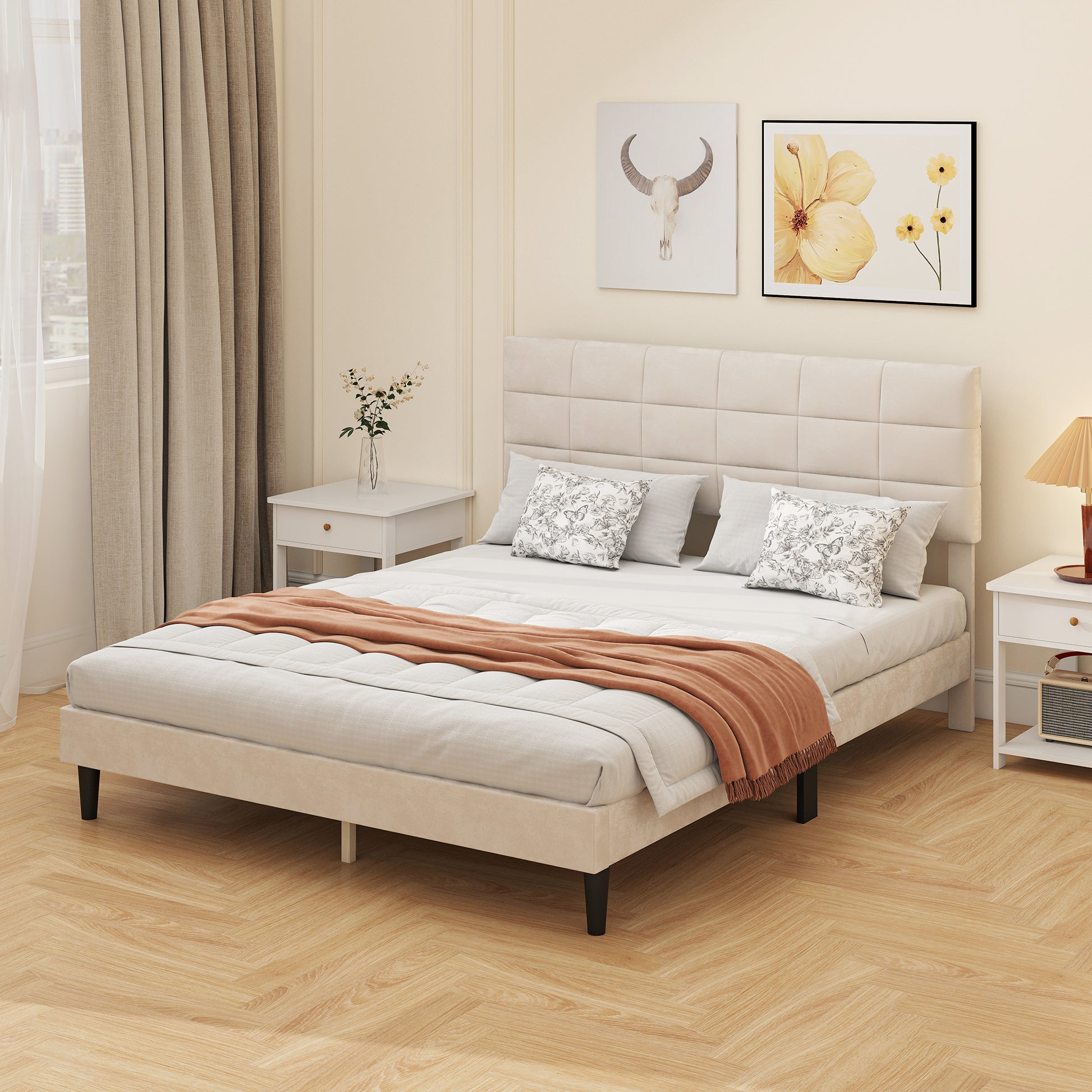 Queen Bed Frame with Velvet Headboard, Wood Slats, 1100 lbs, Cream-DECOROLALA