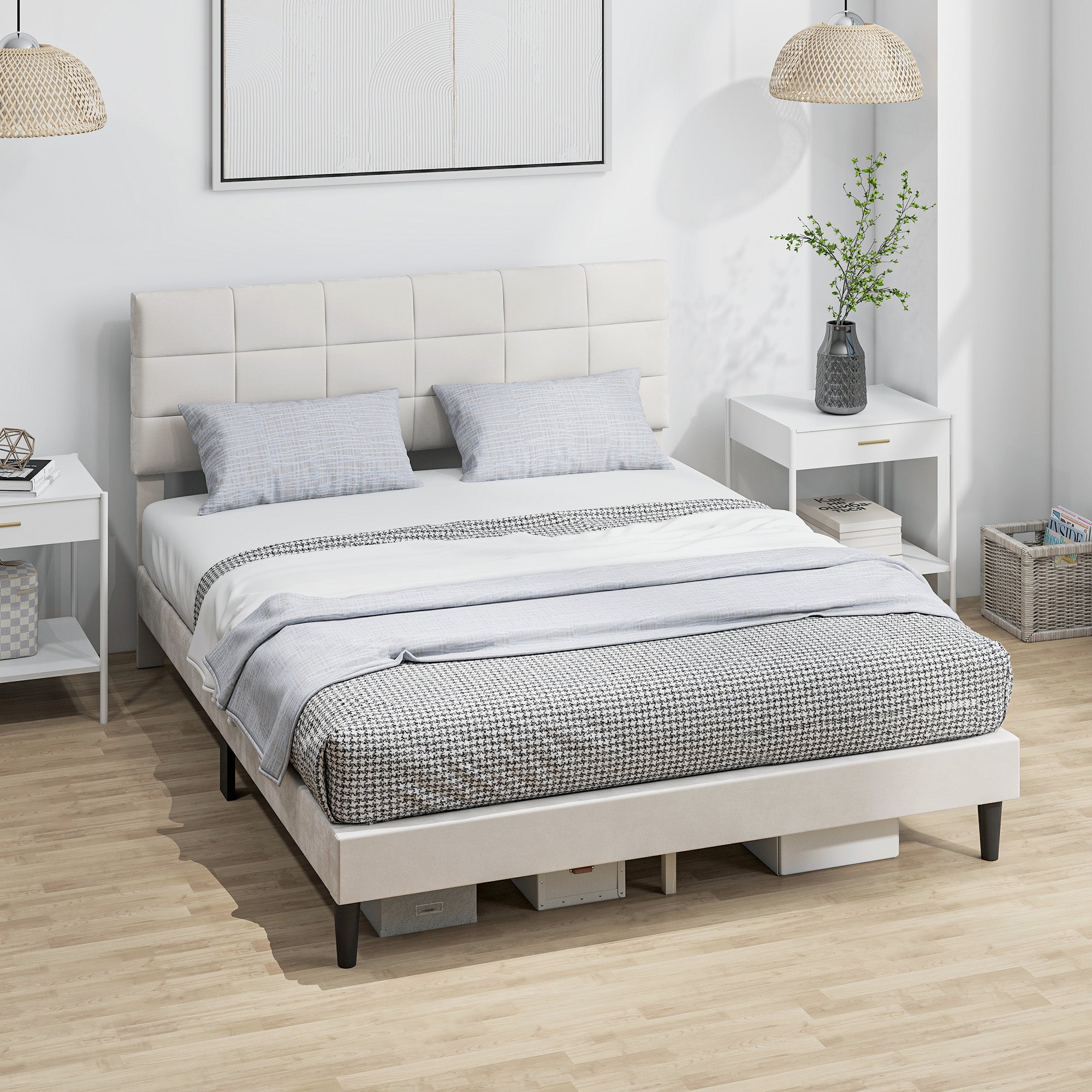 Queen Bed Frame with Velvet Headboard, Wood Slats, 1100 lbs, Cream-DECOROLALA